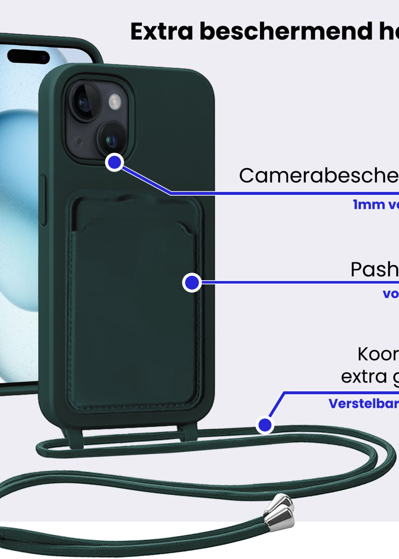 BTH BTH iPhone 15 Hoesje Pashouder met Koord - Donkergroen