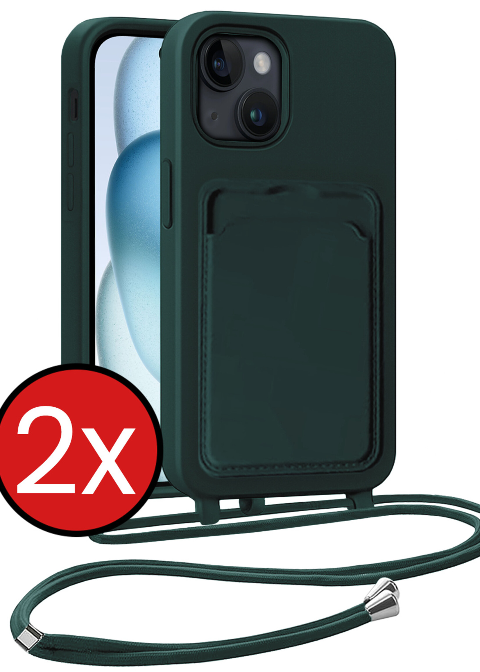 BTH BTH iPhone 15 Hoesje Pashouder met Koord - Donkergroen - 2 PACK