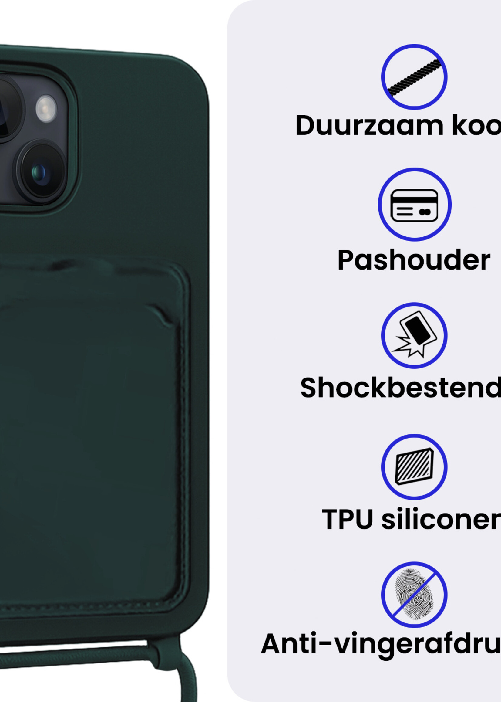 BTH BTH iPhone 15 Hoesje Pashouder met Koord - Donkergroen - 2 PACK