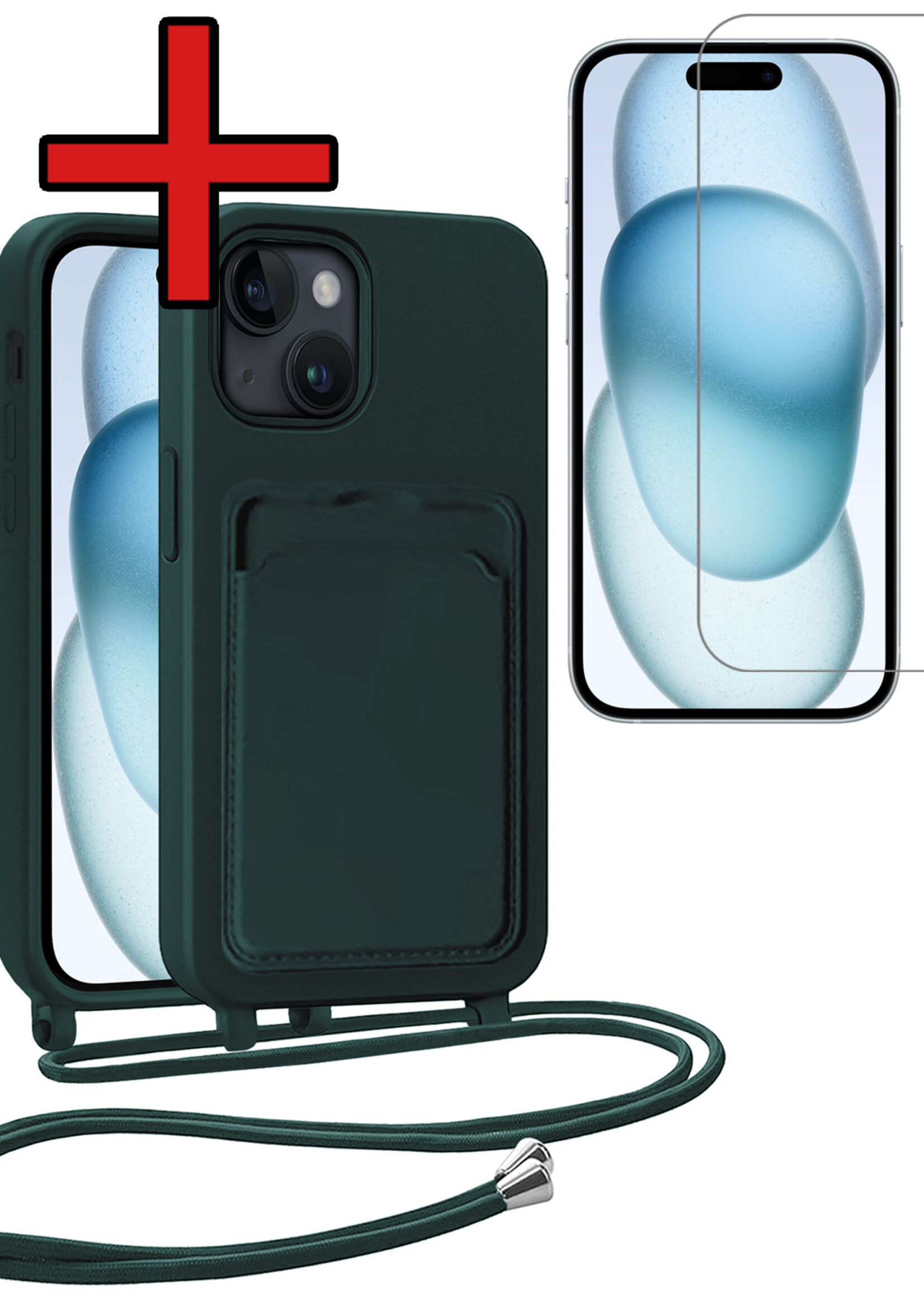 BTH BTH iPhone 15 Hoesje Pashouder met Koord Met Screenprotector - Donkergroen