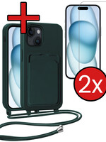 BTH BTH iPhone 15 Hoesje Pashouder met Koord Met 2x Screenprotector - Donkergroen