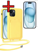 BTH BTH iPhone 15 Hoesje Pashouder met Koord Met Screenprotector - Geel