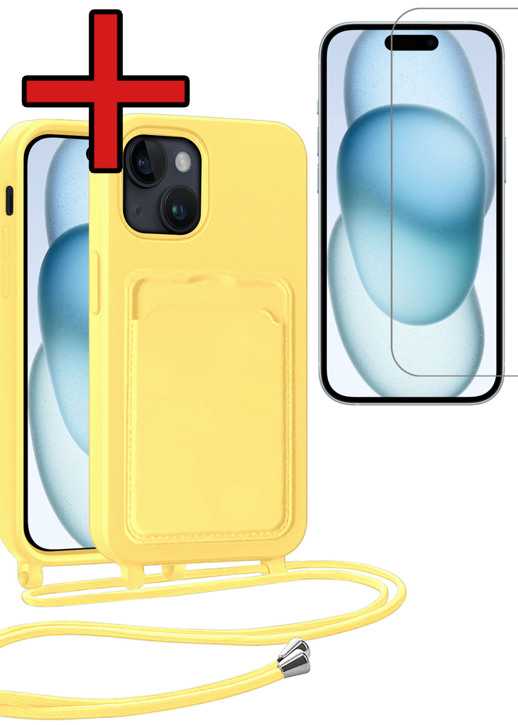 BTH BTH iPhone 15 Hoesje Pashouder met Koord Met Screenprotector - Geel