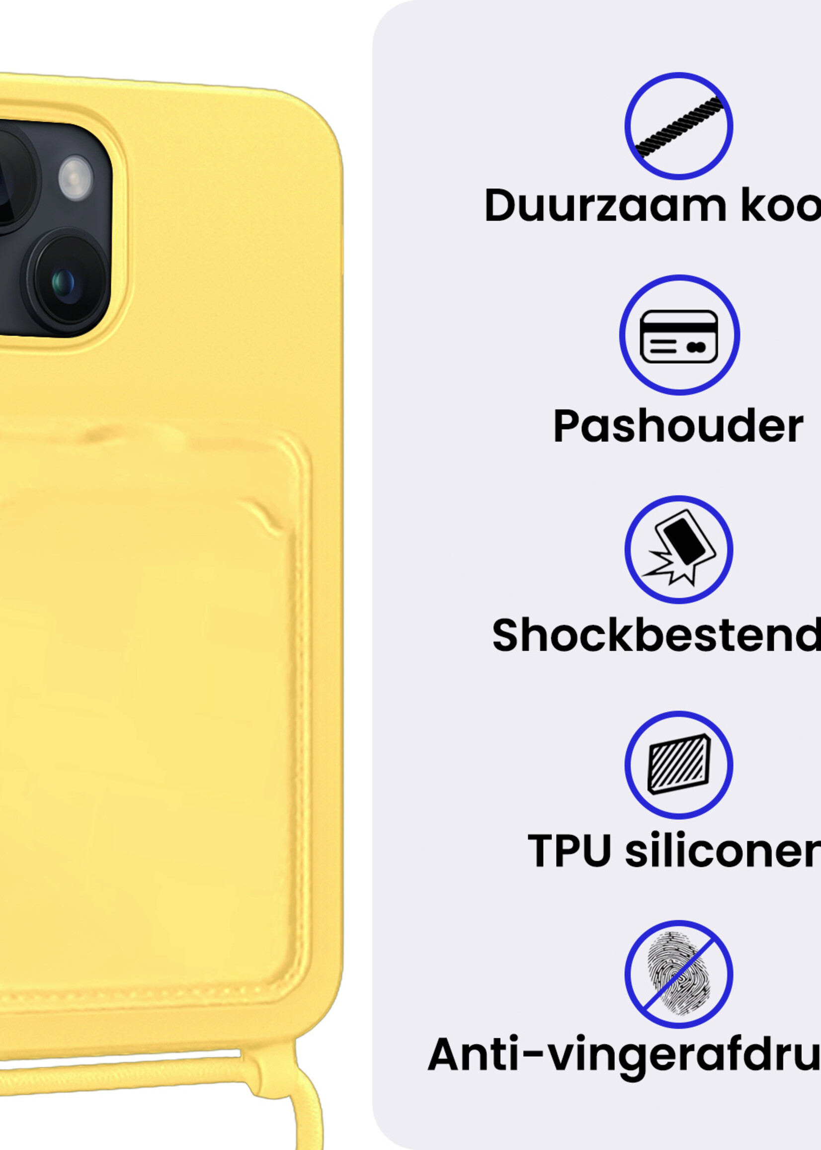 BTH BTH iPhone 15 Hoesje Pashouder met Koord Met Screenprotector - Geel