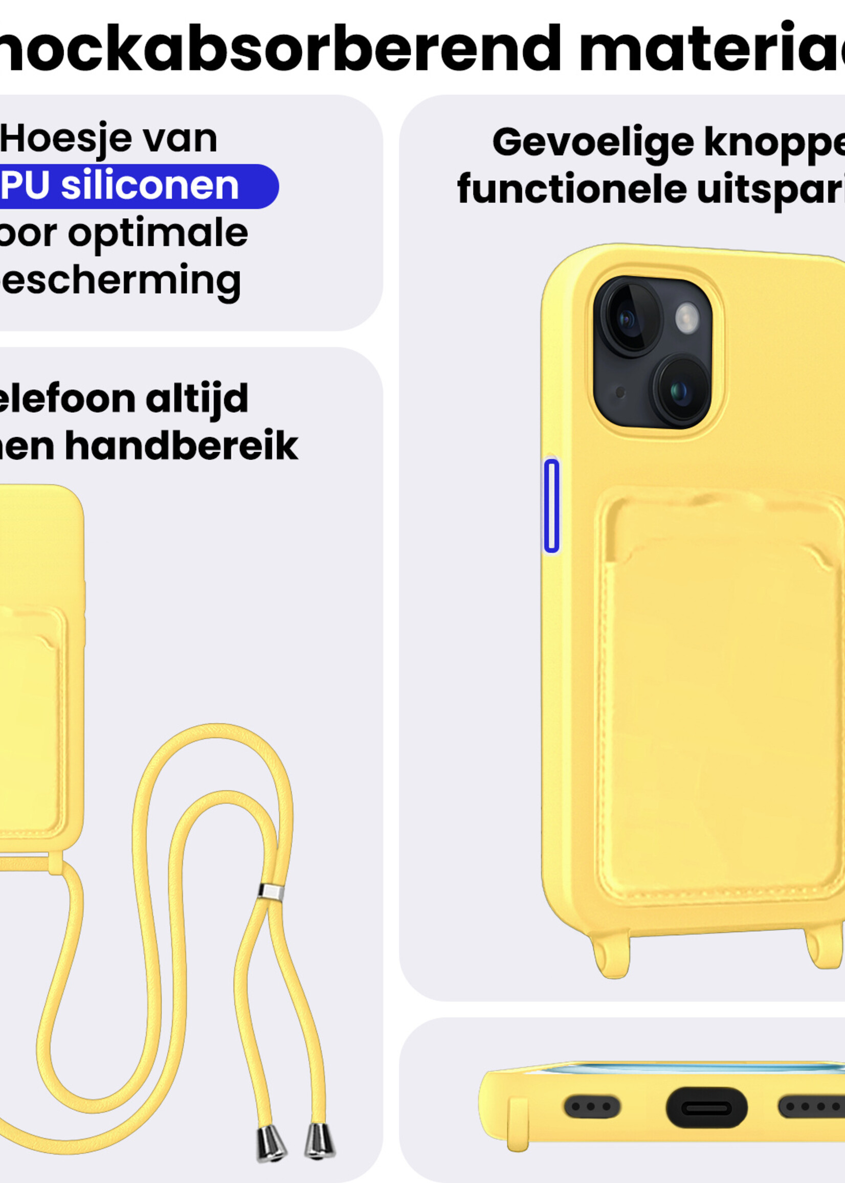 BTH BTH iPhone 15 Hoesje Pashouder met Koord Met Screenprotector - Geel