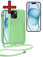 BTH BTH iPhone 15 Hoesje Pashouder met Koord Met Screenprotector - Groen