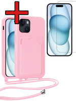 BTH BTH iPhone 15 Hoesje Pashouder met Koord Met Screenprotector - Lichtroze