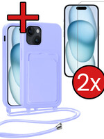 BTH BTH iPhone 15 Hoesje Pashouder met Koord Met 2x Screenprotector - Lila