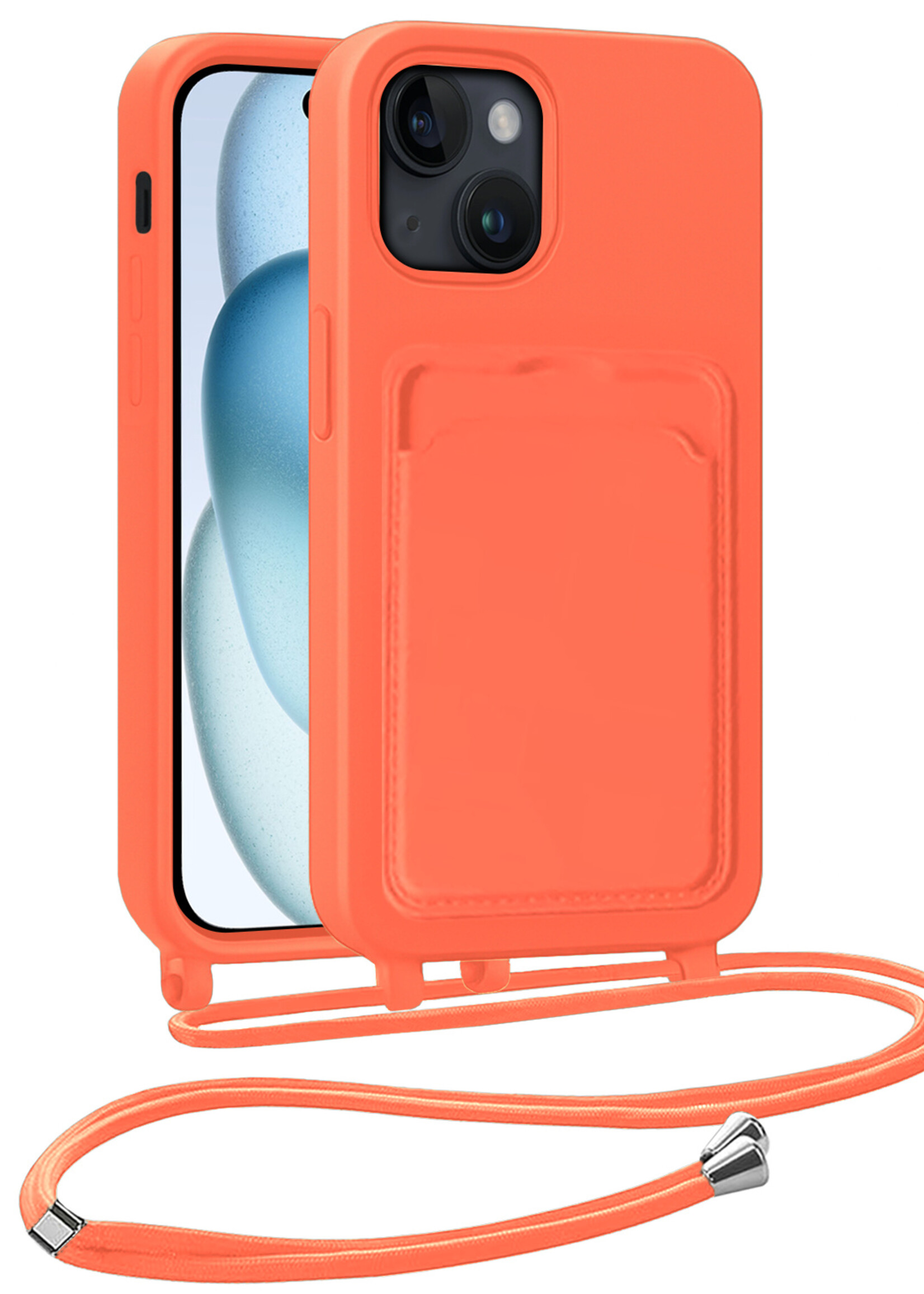 BTH BTH iPhone 15 Hoesje Pashouder met Koord - Papaya