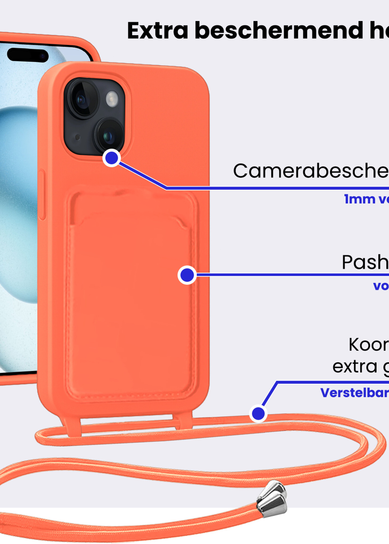 BTH BTH iPhone 15 Hoesje Pashouder met Koord - Papaya