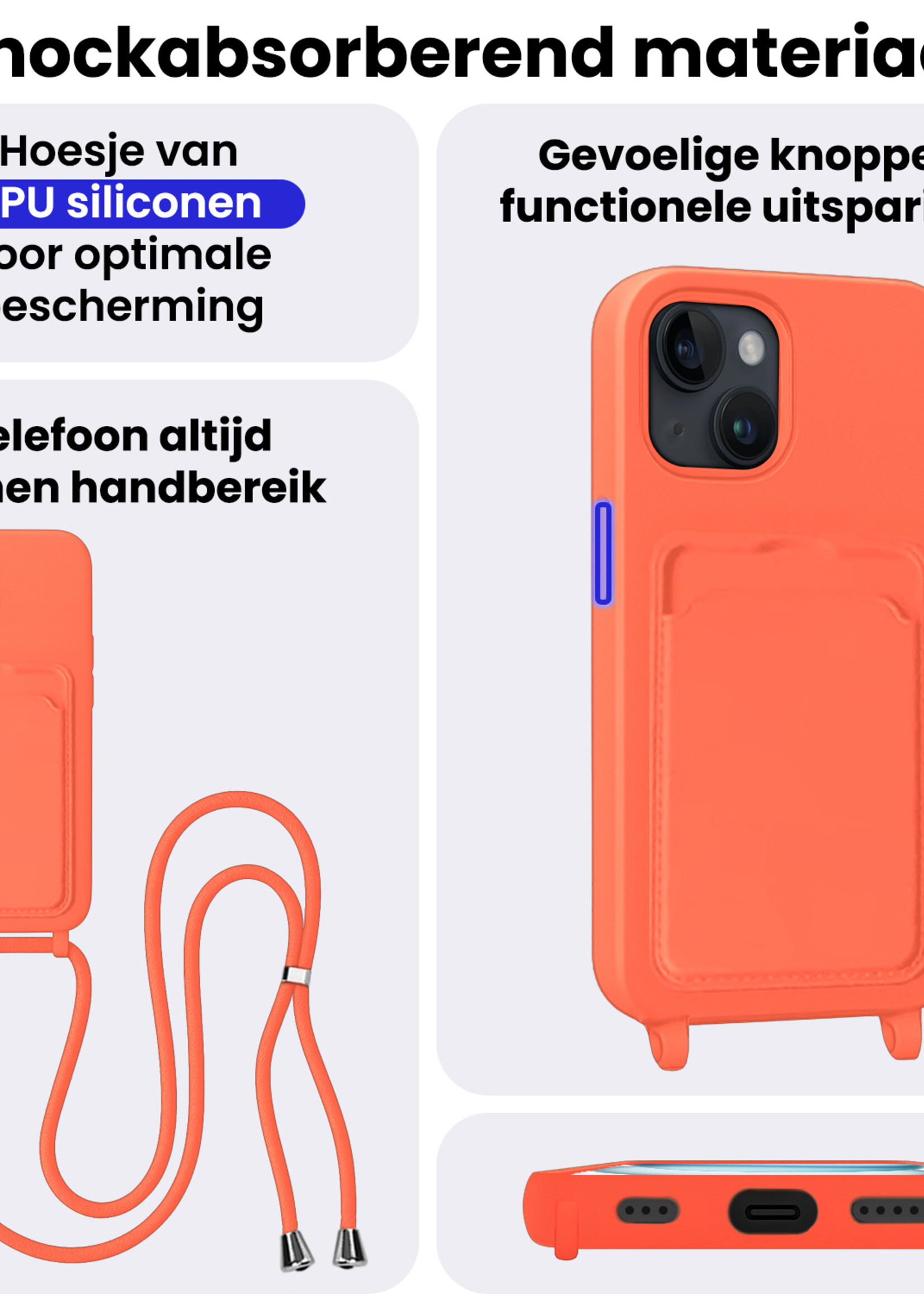 BTH BTH iPhone 15 Hoesje Pashouder met Koord - Papaya - 2 PACK