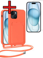 BTH BTH iPhone 15 Hoesje Pashouder met Koord Met Screenprotector - Papaya