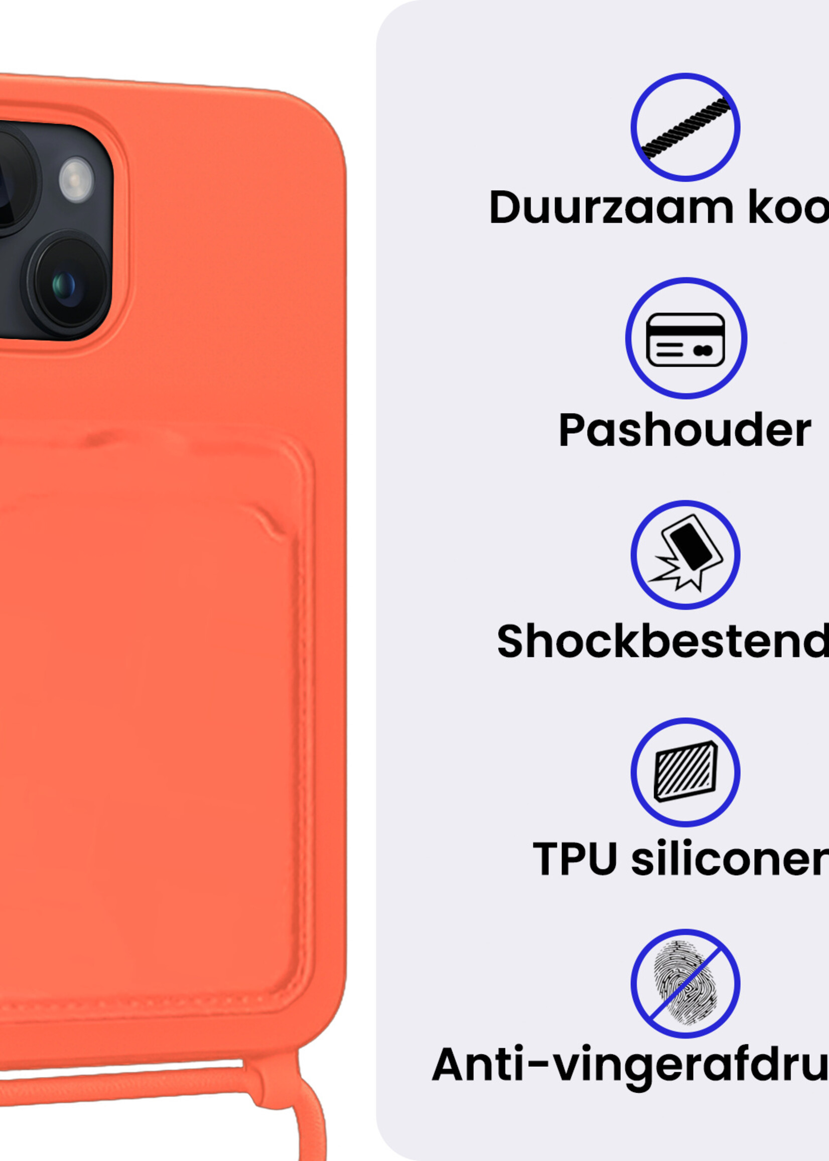 BTH BTH iPhone 15 Hoesje Pashouder met Koord Met Screenprotector - Papaya