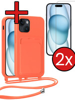 BTH BTH iPhone 15 Hoesje Pashouder met Koord Met 2x Screenprotector - Papaya