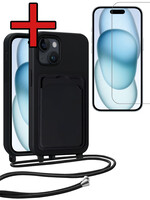 BTH BTH iPhone 15 Hoesje Pashouder met Koord Met Screenprotector - Zwart