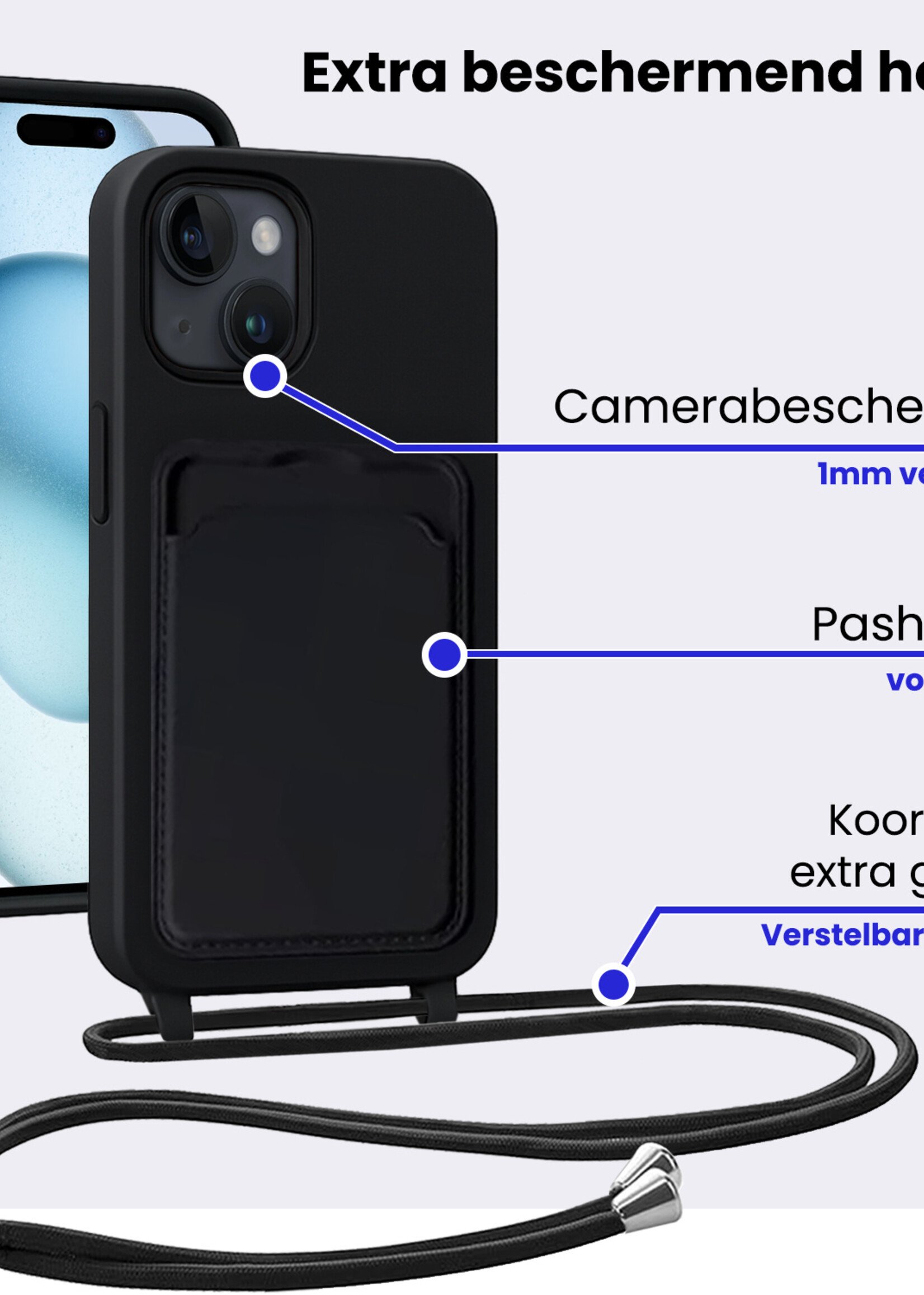 BTH BTH iPhone 15 Hoesje Pashouder met Koord Met Screenprotector - Zwart