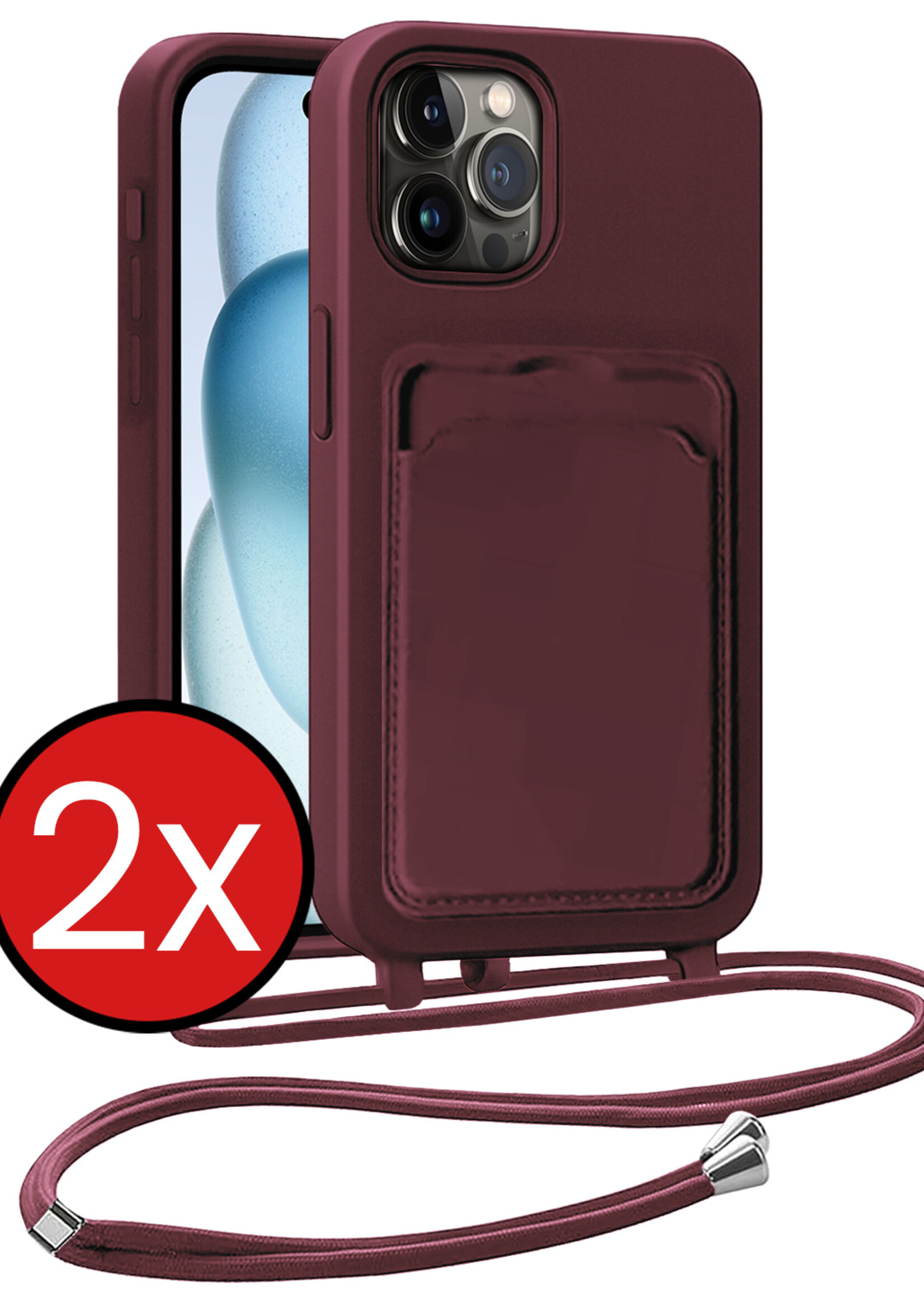 BTH BTH iPhone 15 Pro Hoesje Pashouder met Koord - Aubergine - 2 PACK