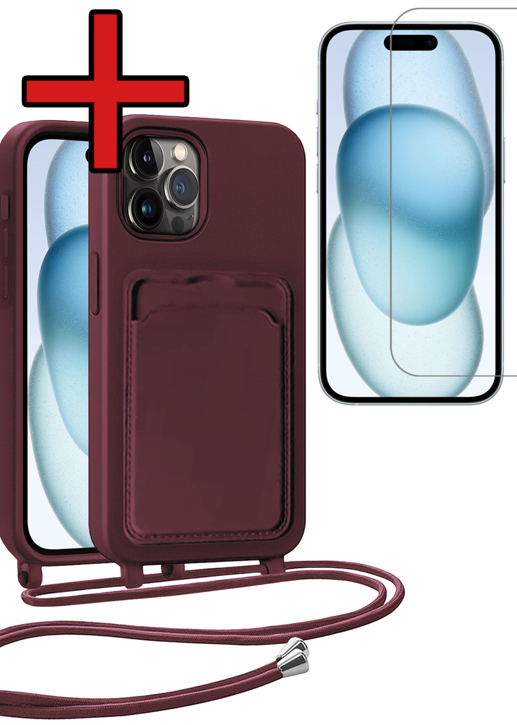 BTH BTH iPhone 15 Pro Hoesje Pashouder met Koord Met Screenprotector - Aubergine