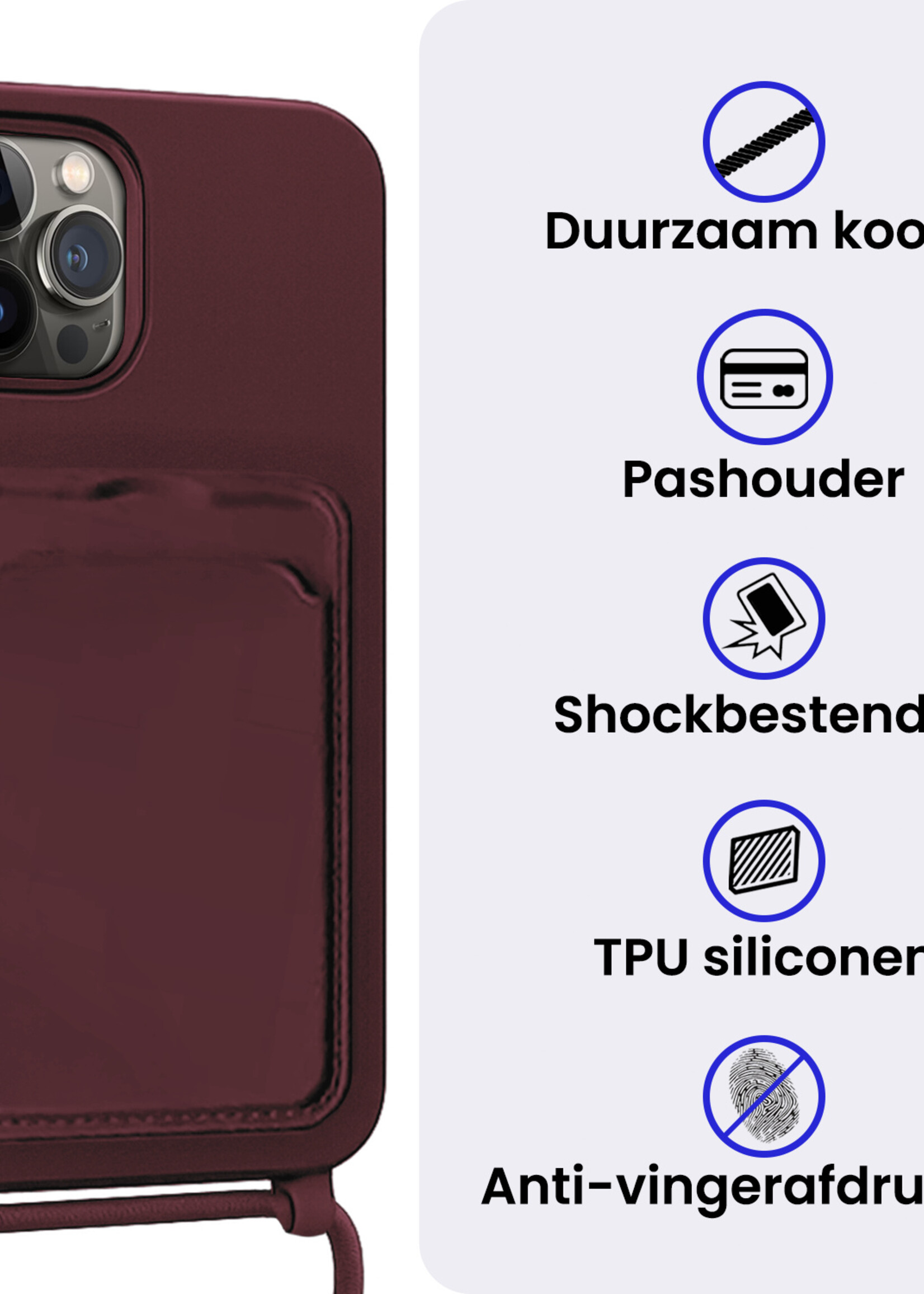 BTH BTH iPhone 15 Pro Hoesje Pashouder met Koord Met Screenprotector - Aubergine