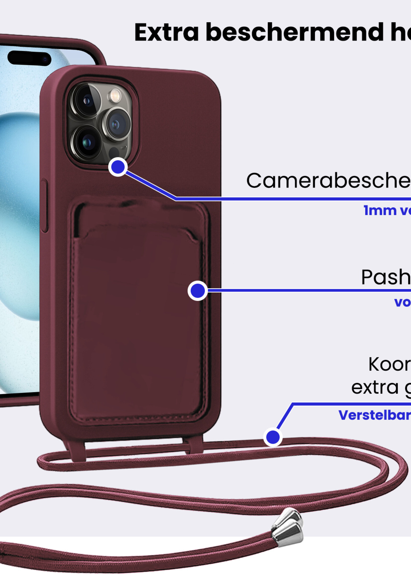 BTH BTH iPhone 15 Pro Hoesje Pashouder met Koord Met Screenprotector - Aubergine