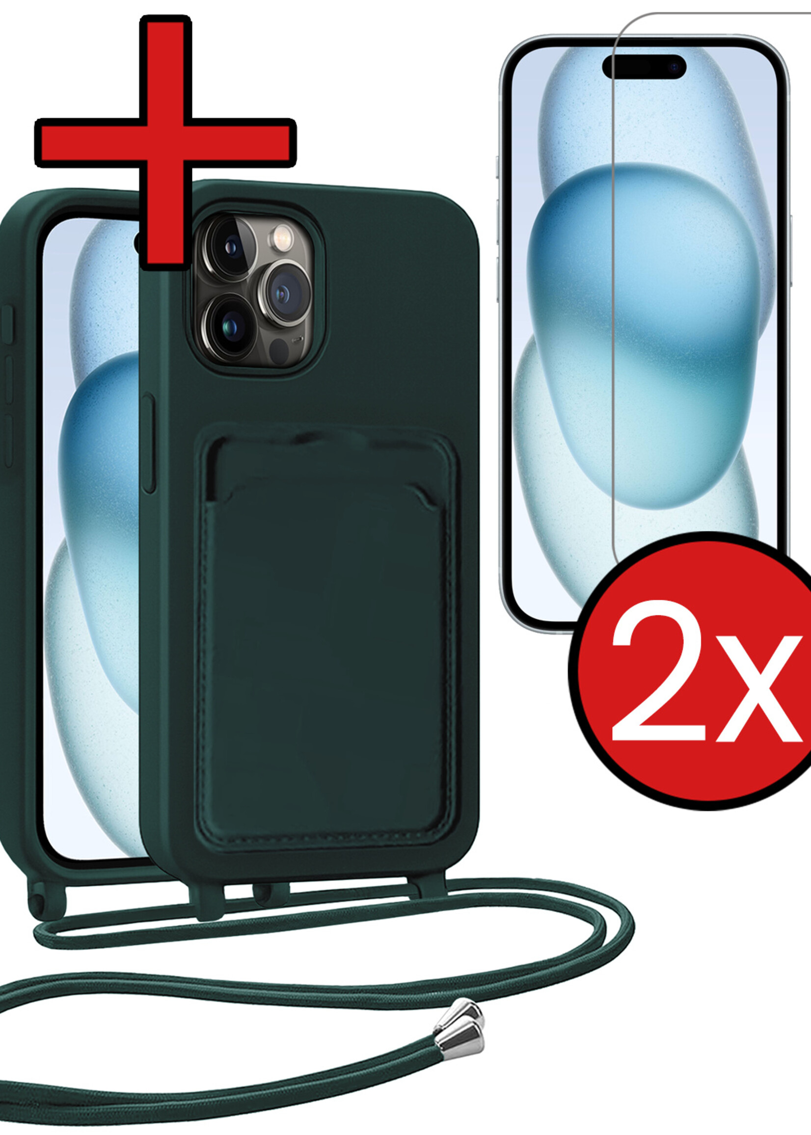 BTH BTH iPhone 15 Pro Hoesje Pashouder met Koord Met 2x Screenprotector - Donkergroen