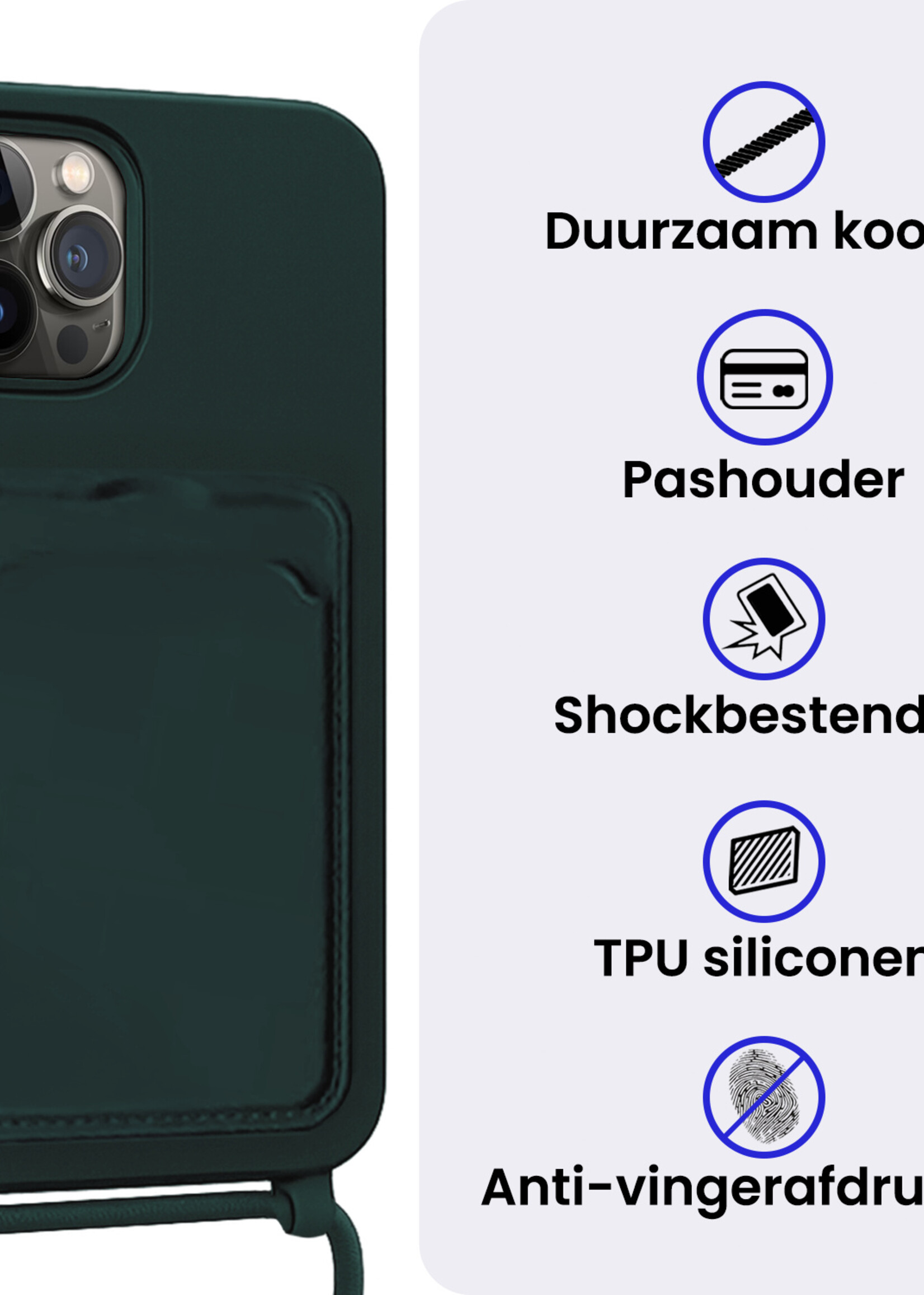 BTH BTH iPhone 15 Pro Hoesje Pashouder met Koord Met 2x Screenprotector - Donkergroen