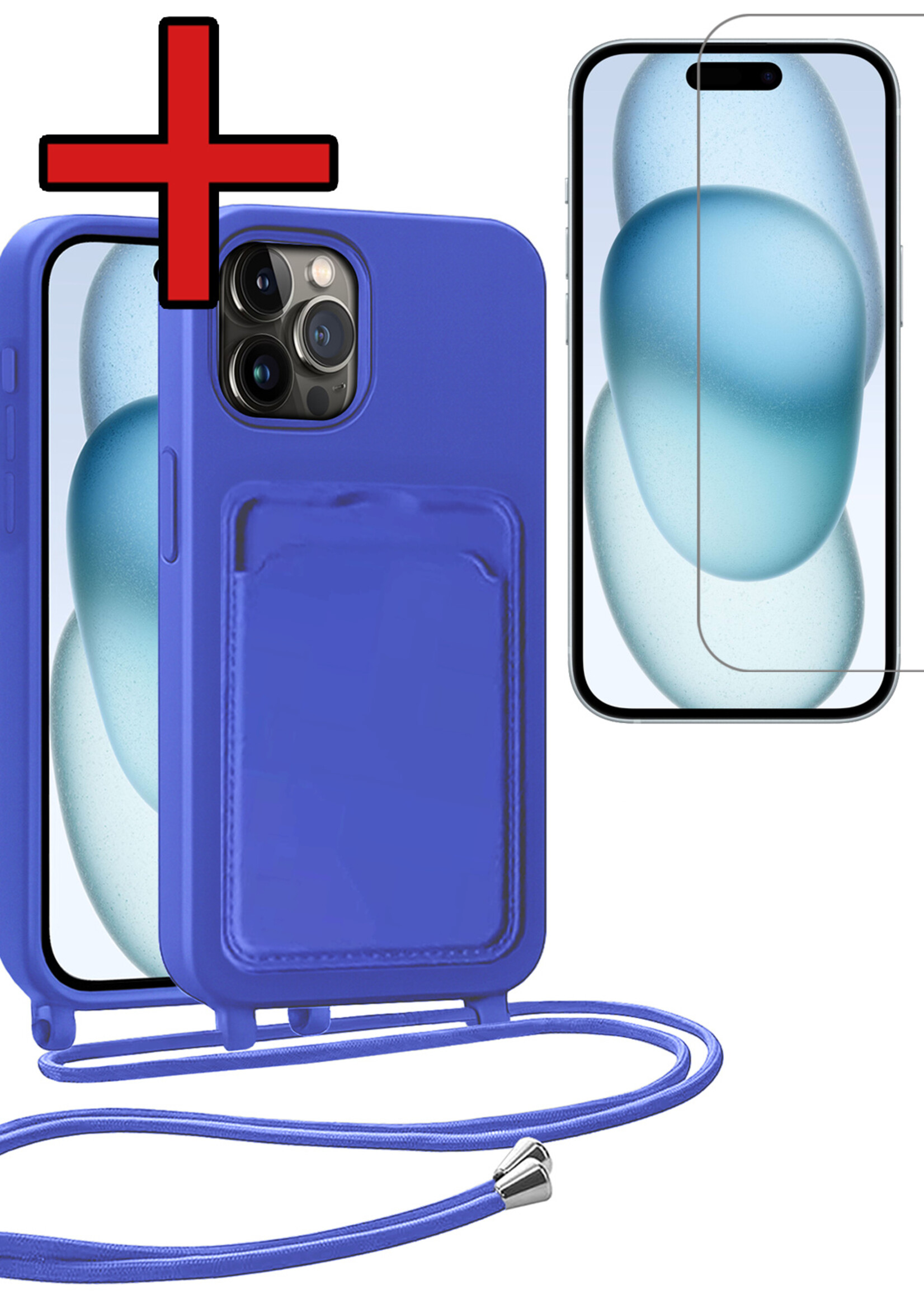 BTH BTH iPhone 15 Pro Hoesje Pashouder met Koord Met Screenprotector - Fel Blauw
