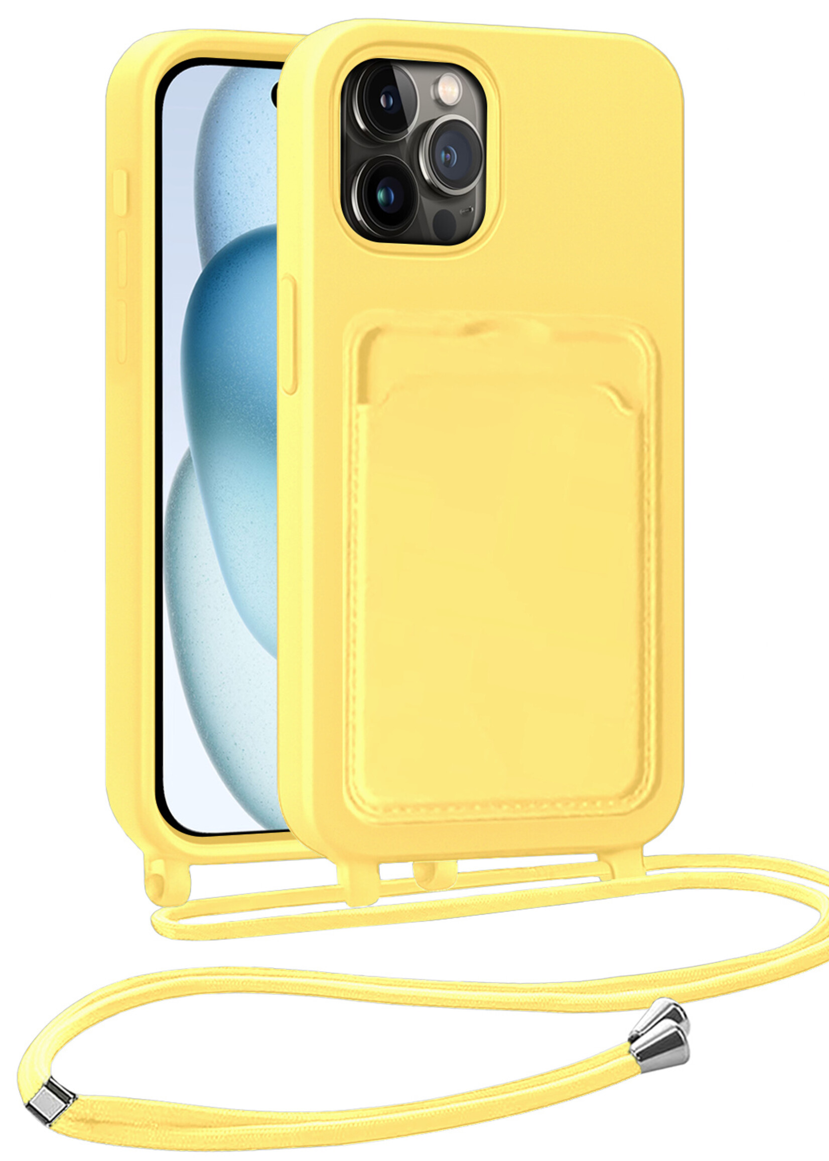 BTH BTH iPhone 15 Pro Hoesje Pashouder met Koord - Geel