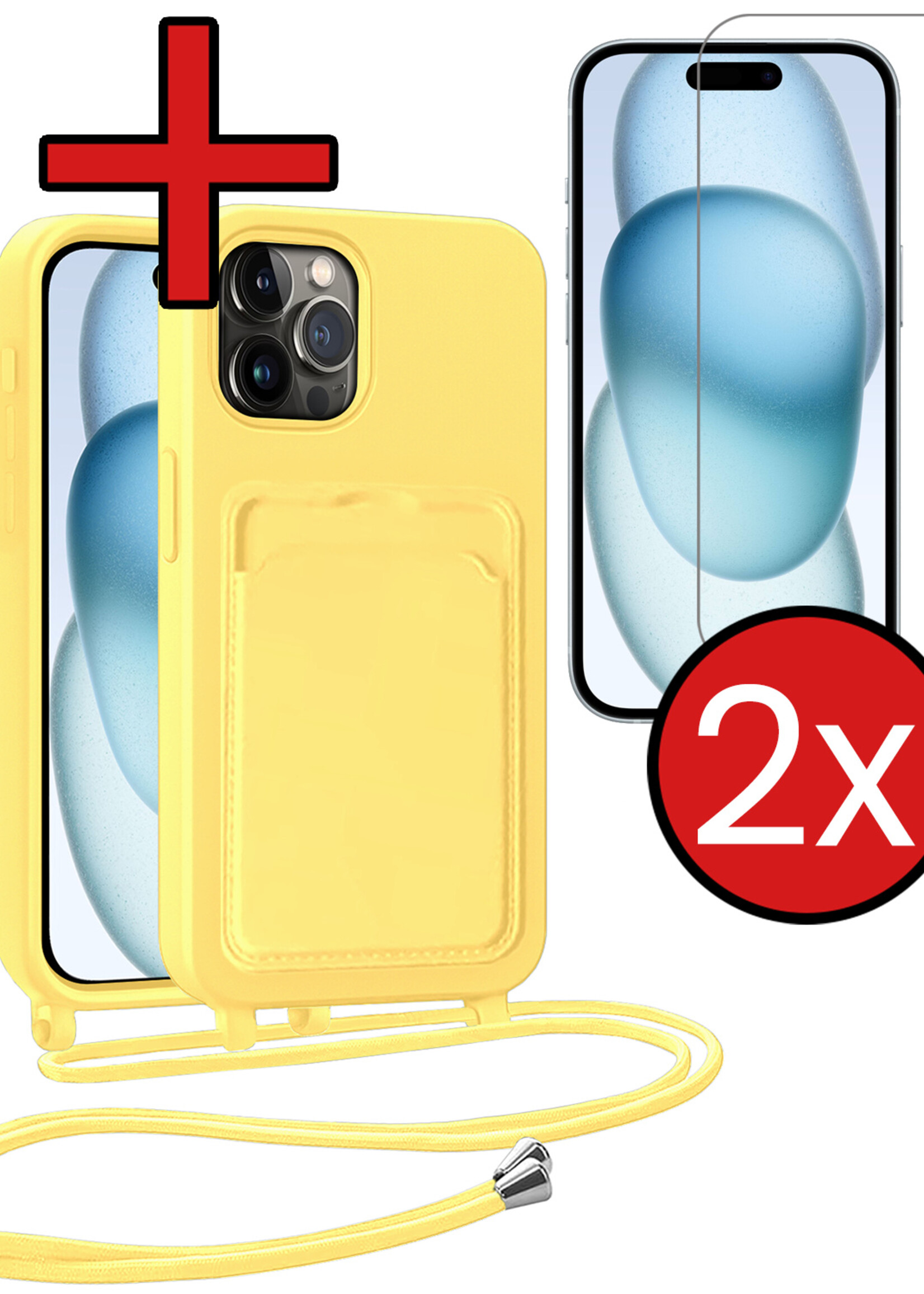 BTH BTH iPhone 15 Pro Hoesje Pashouder met Koord Met 2x Screenprotector - Geel