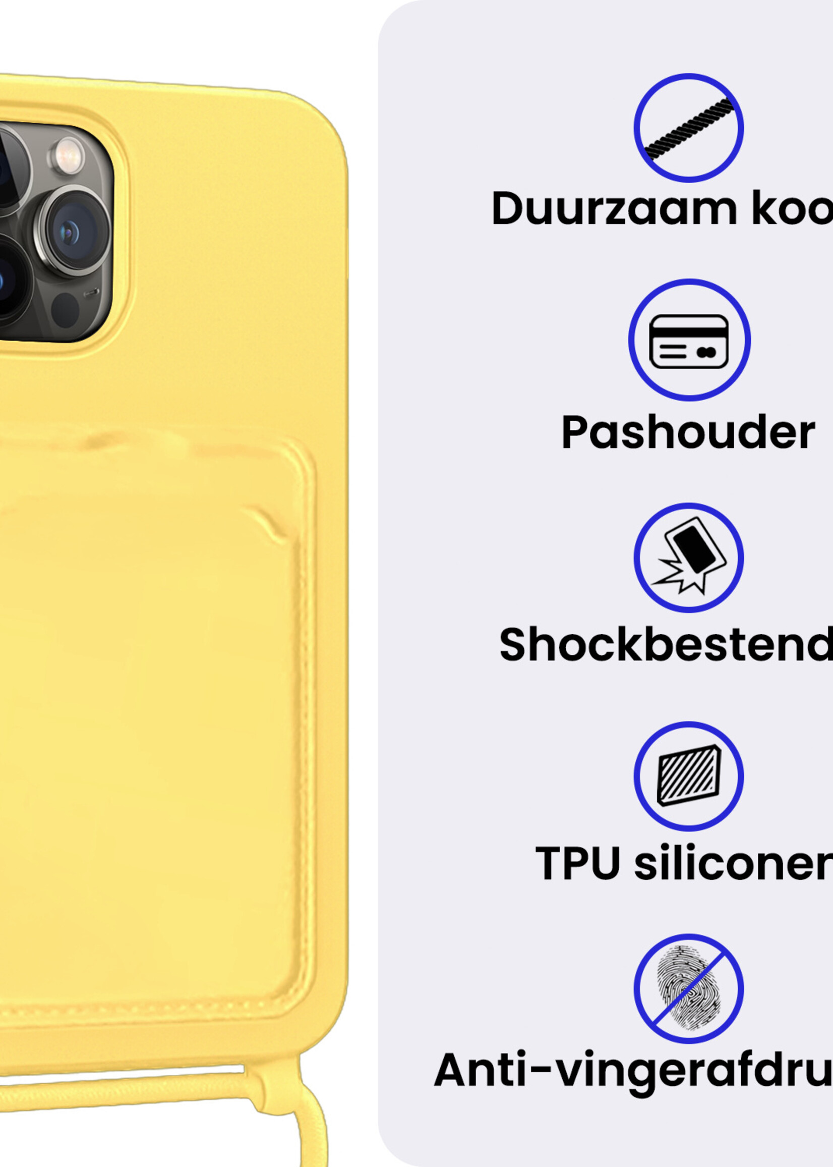 BTH BTH iPhone 15 Pro Hoesje Pashouder met Koord Met 2x Screenprotector - Geel