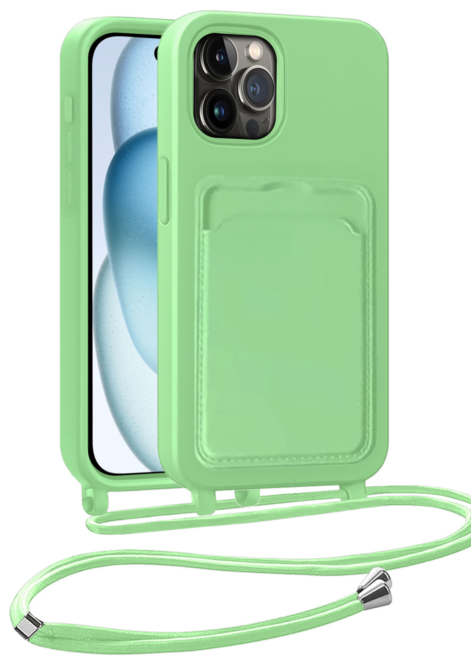 BTH BTH iPhone 15 Pro Hoesje Pashouder met Koord - Groen