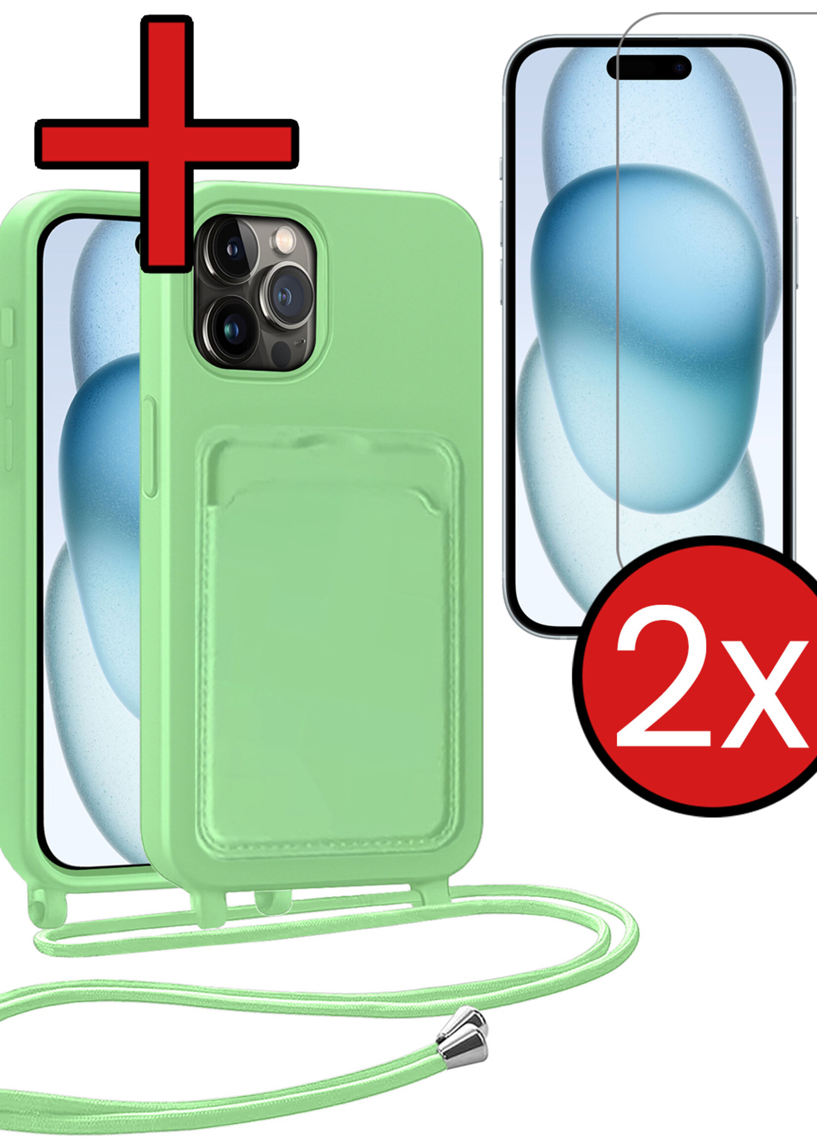 BTH BTH iPhone 15 Pro Hoesje Pashouder met Koord Met 2x Screenprotector - Groen