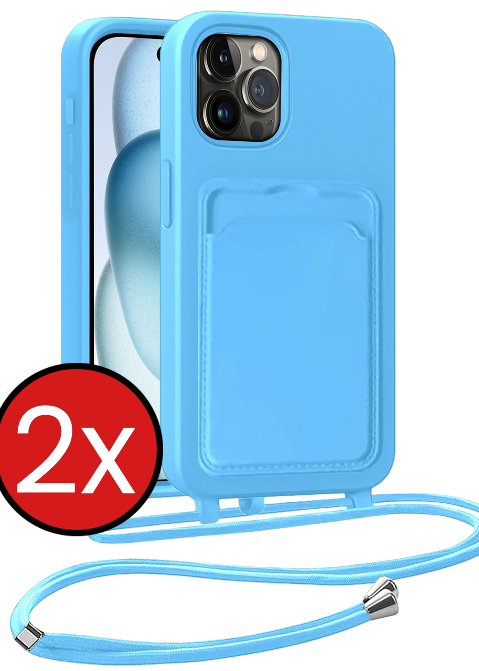 BTH BTH iPhone 15 Pro Hoesje Pashouder met Koord - Lichtblauw - 2 PACK