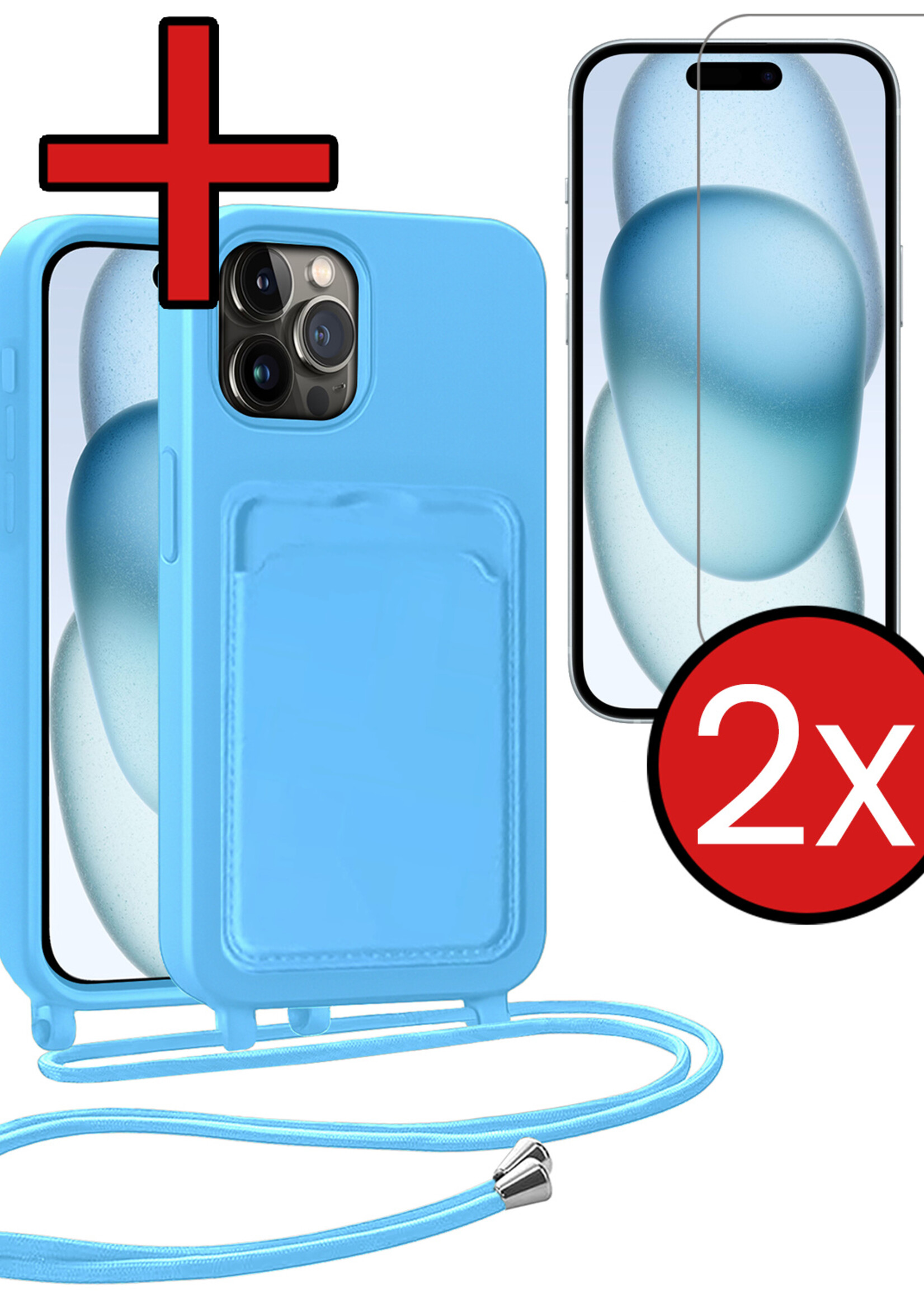 BTH BTH iPhone 15 Pro Hoesje Pashouder met Koord Met 2x Screenprotector - Lichtblauw