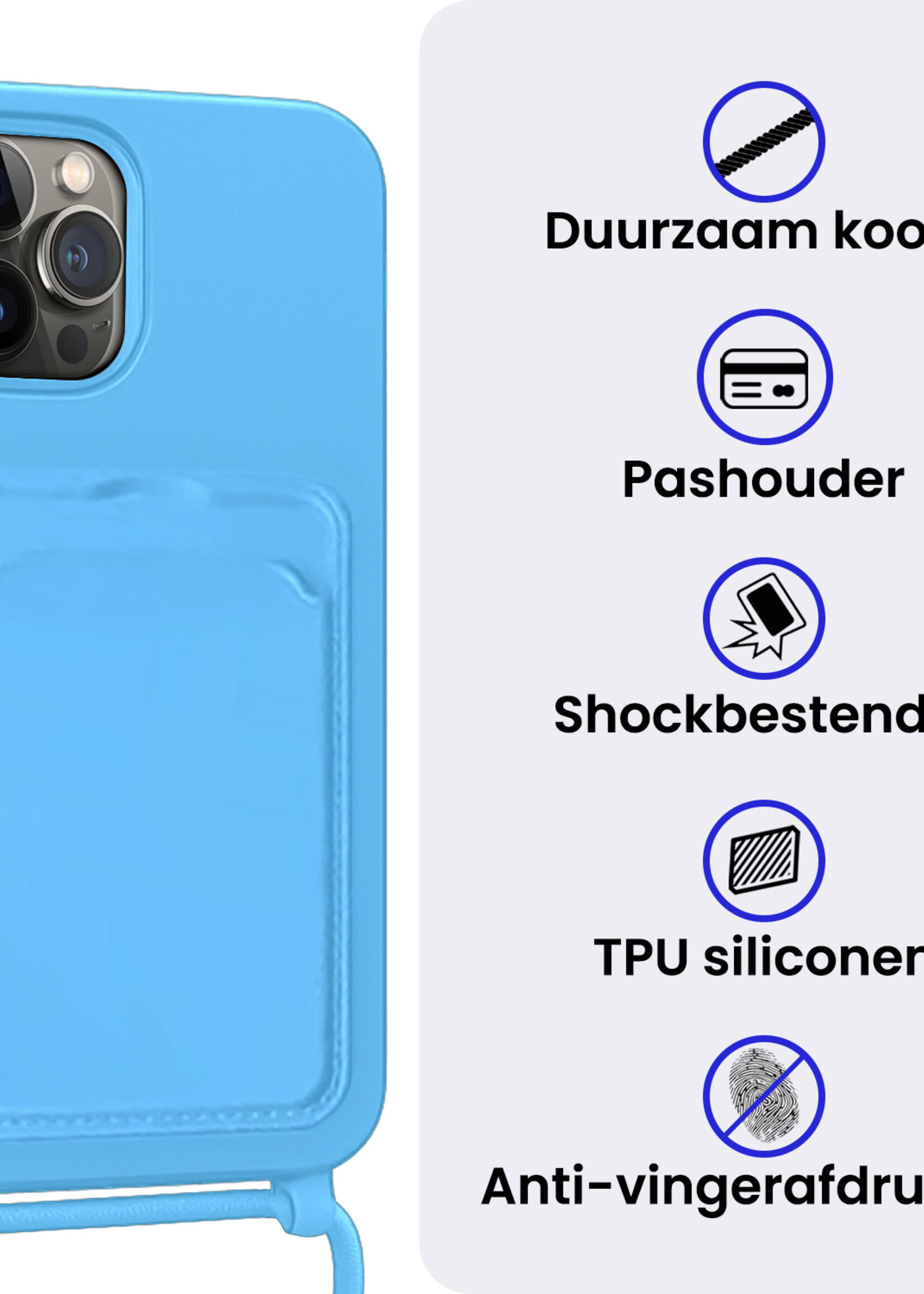 BTH BTH iPhone 15 Pro Hoesje Pashouder met Koord Met 2x Screenprotector - Lichtblauw
