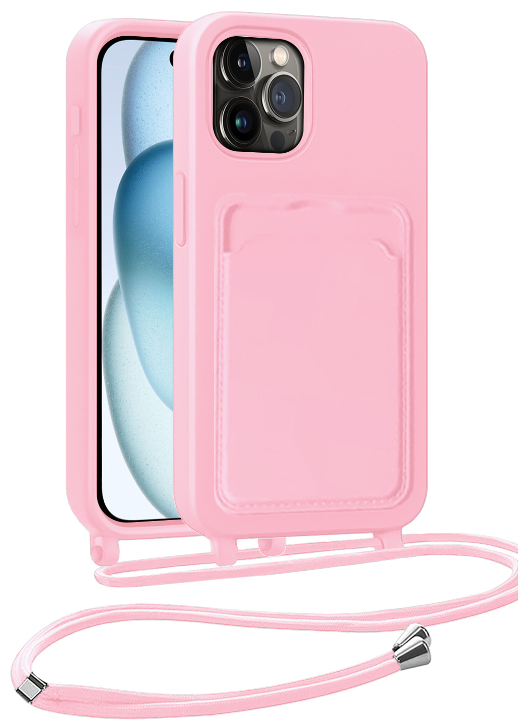 BTH BTH iPhone 15 Pro Hoesje Pashouder met Koord - Lichtroze