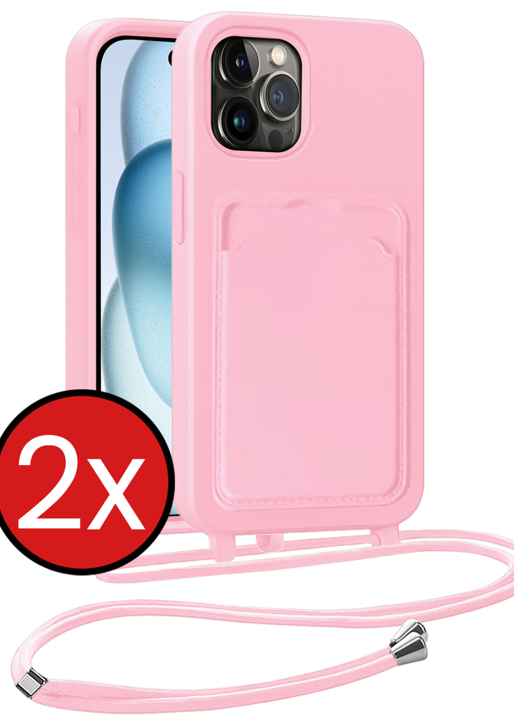 BTH BTH iPhone 15 Pro Hoesje Pashouder met Koord - Lichtroze - 2 PACK