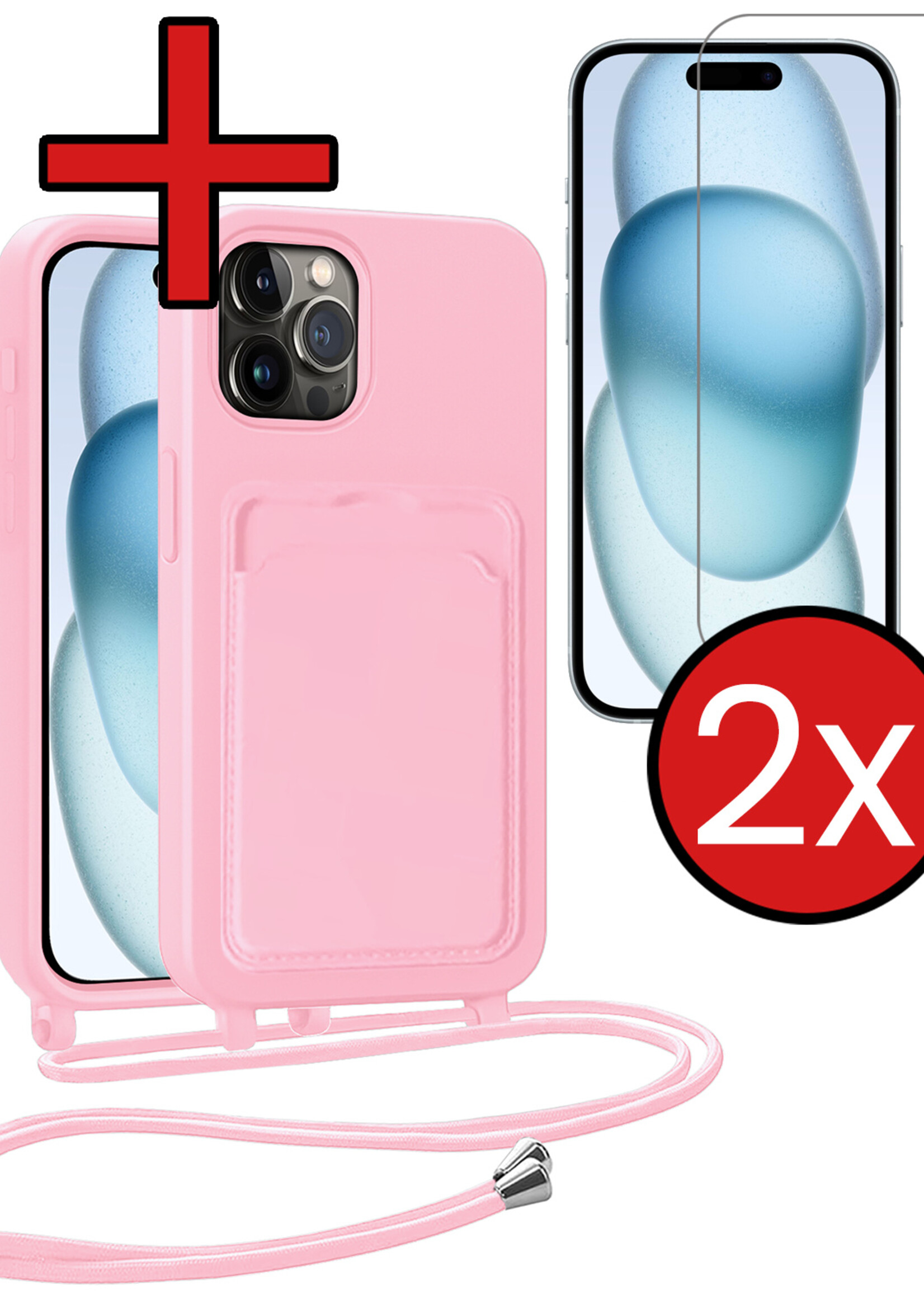 BTH BTH iPhone 15 Pro Hoesje Pashouder met Koord Met 2x Screenprotector - Lichtroze