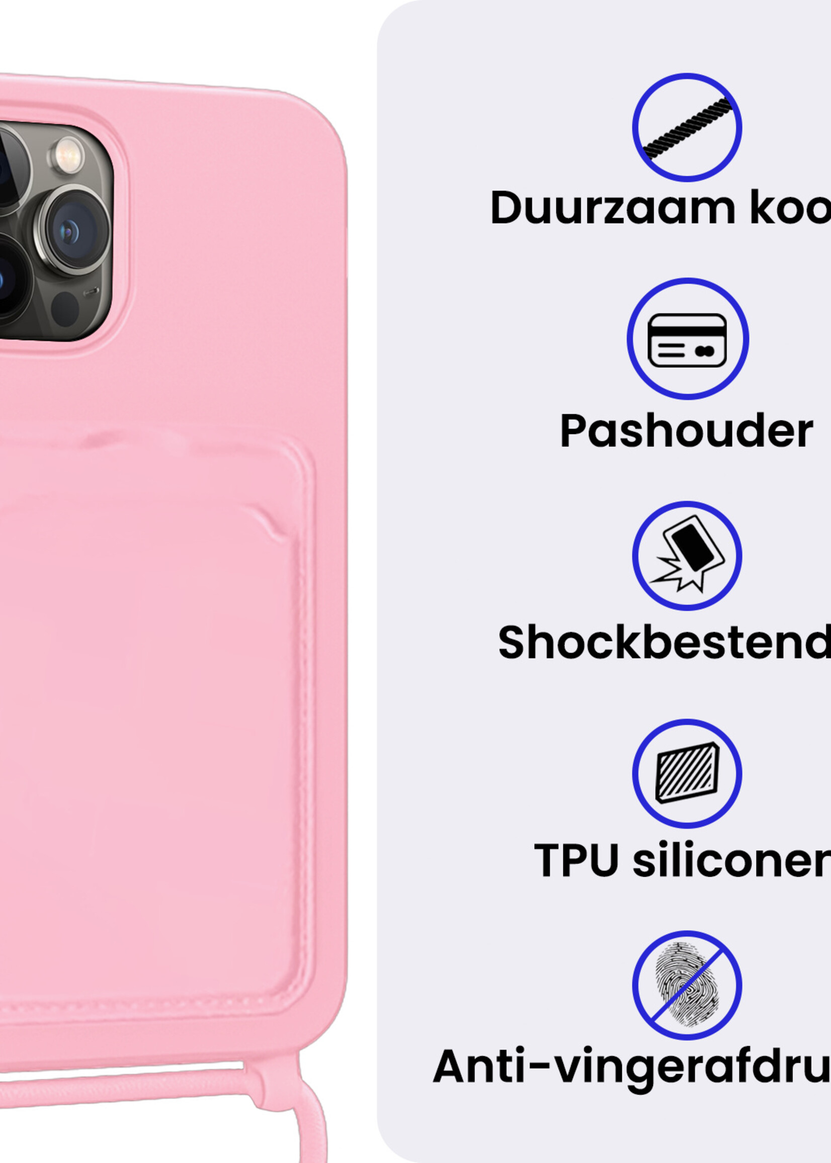 BTH BTH iPhone 15 Pro Hoesje Pashouder met Koord Met 2x Screenprotector - Lichtroze