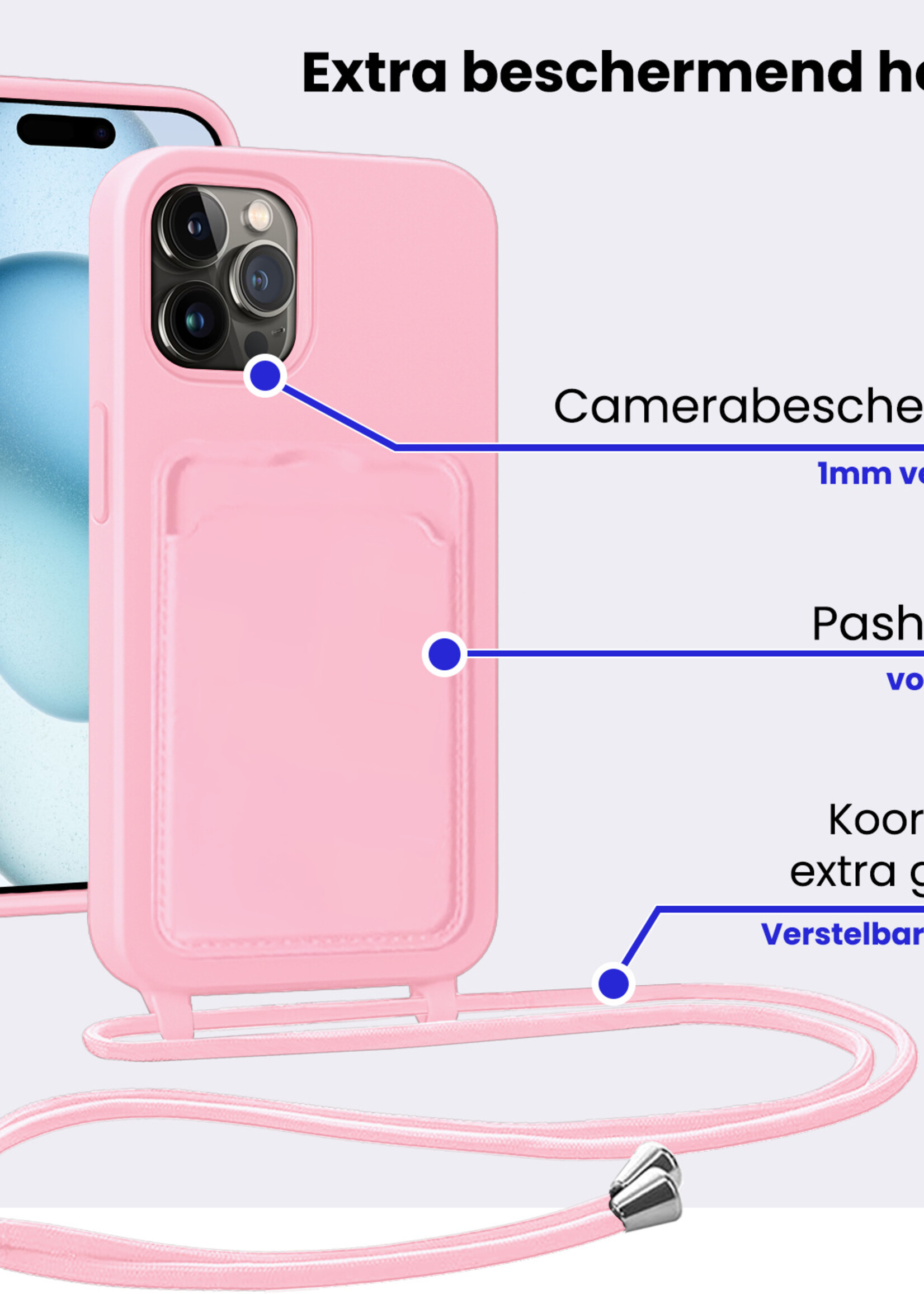 BTH BTH iPhone 15 Pro Hoesje Pashouder met Koord Met 2x Screenprotector - Lichtroze
