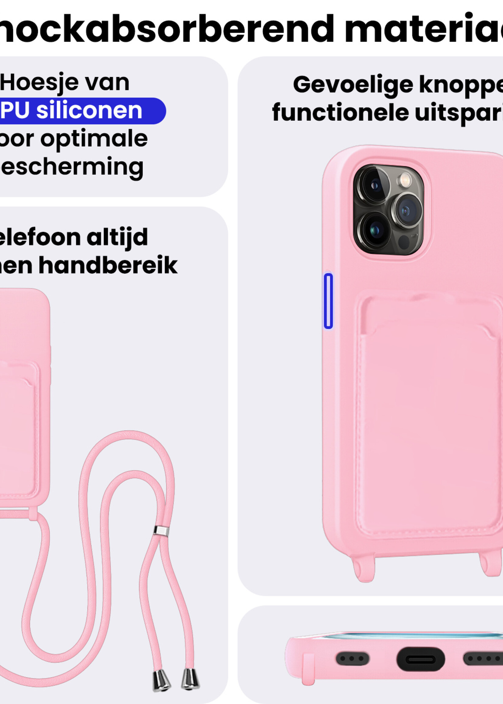 BTH BTH iPhone 15 Pro Hoesje Pashouder met Koord Met 2x Screenprotector - Lichtroze