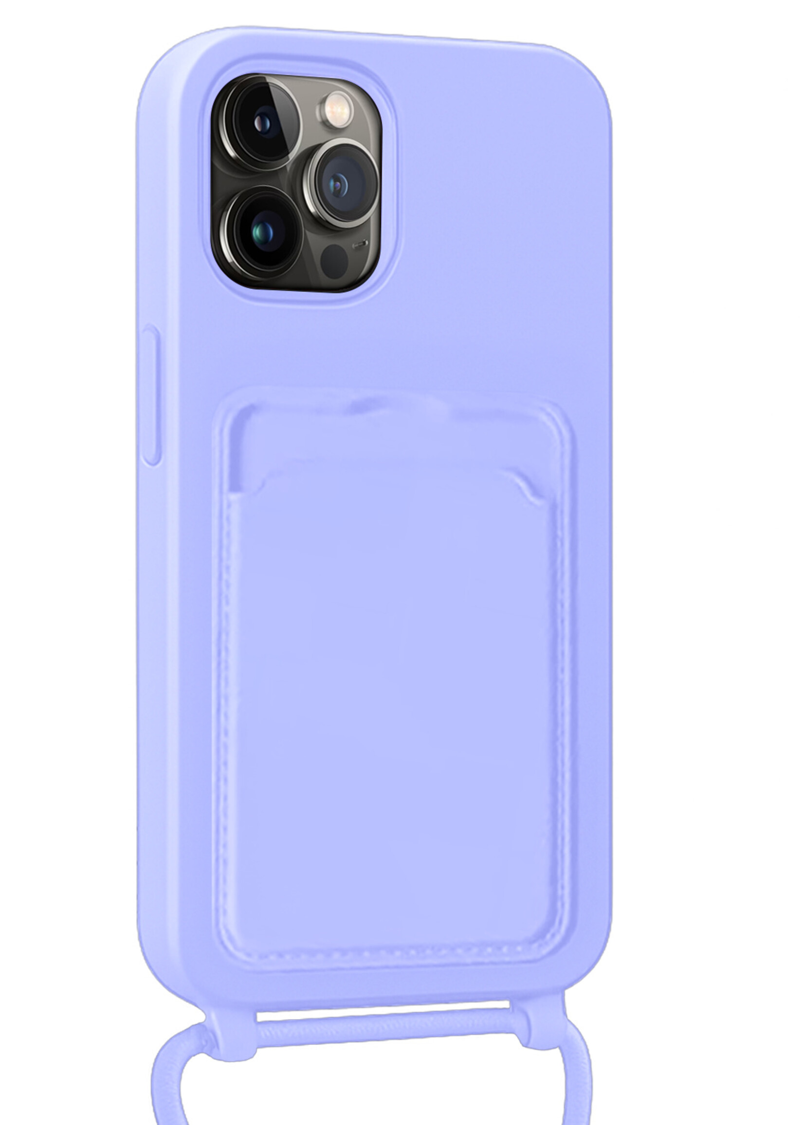 BTH BTH iPhone 15 Pro Hoesje Pashouder met Koord Met 2x Screenprotector - Lila