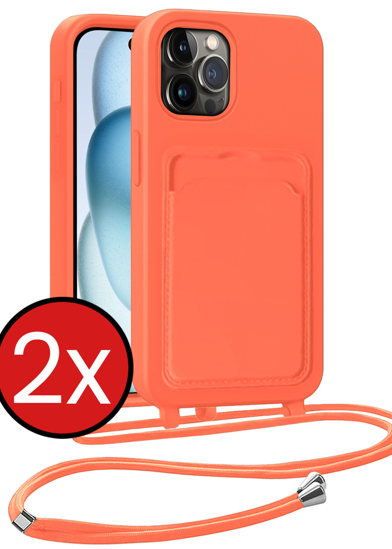 BTH BTH iPhone 15 Pro Hoesje Pashouder met Koord - Papaya - 2 PACK