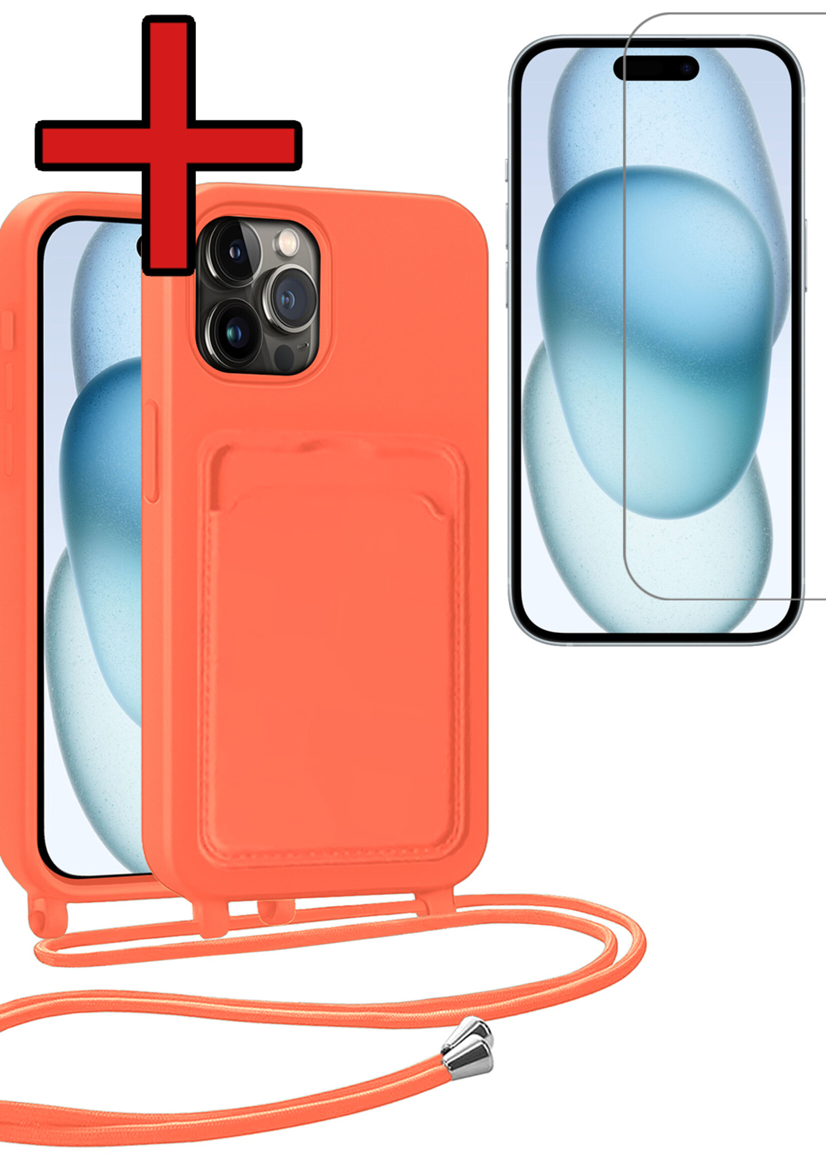 BTH BTH iPhone 15 Pro Hoesje Pashouder met Koord Met Screenprotector - Papaya