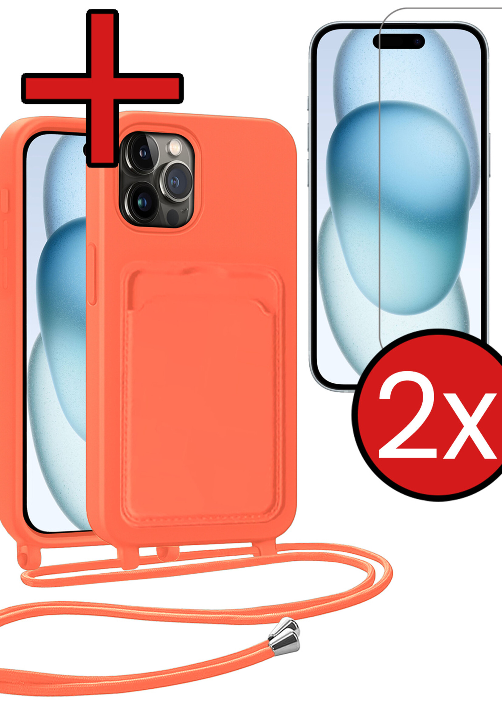 BTH BTH iPhone 15 Pro Hoesje Pashouder met Koord Met 2x Screenprotector - Papaya
