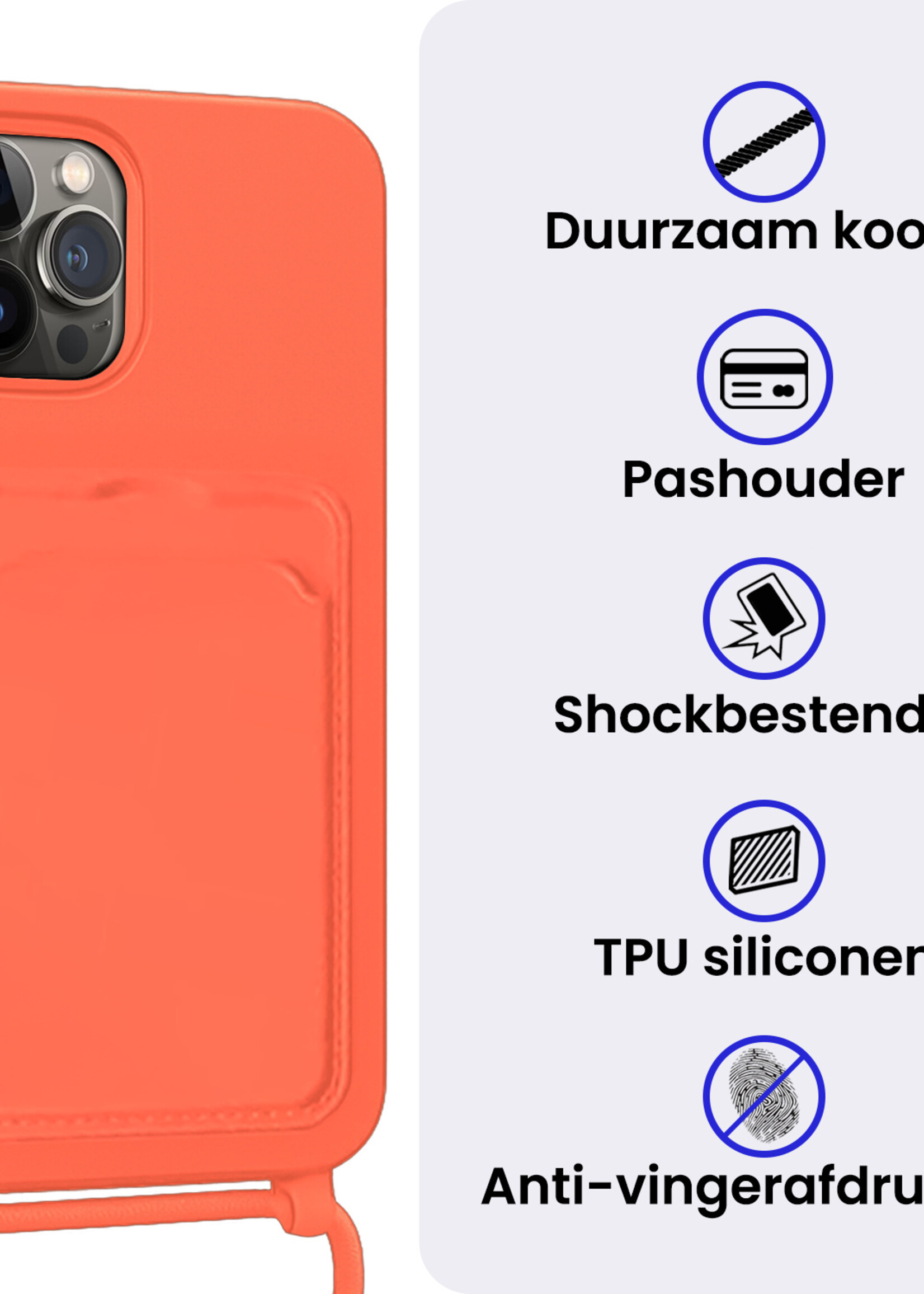 BTH BTH iPhone 15 Pro Hoesje Pashouder met Koord Met 2x Screenprotector - Papaya