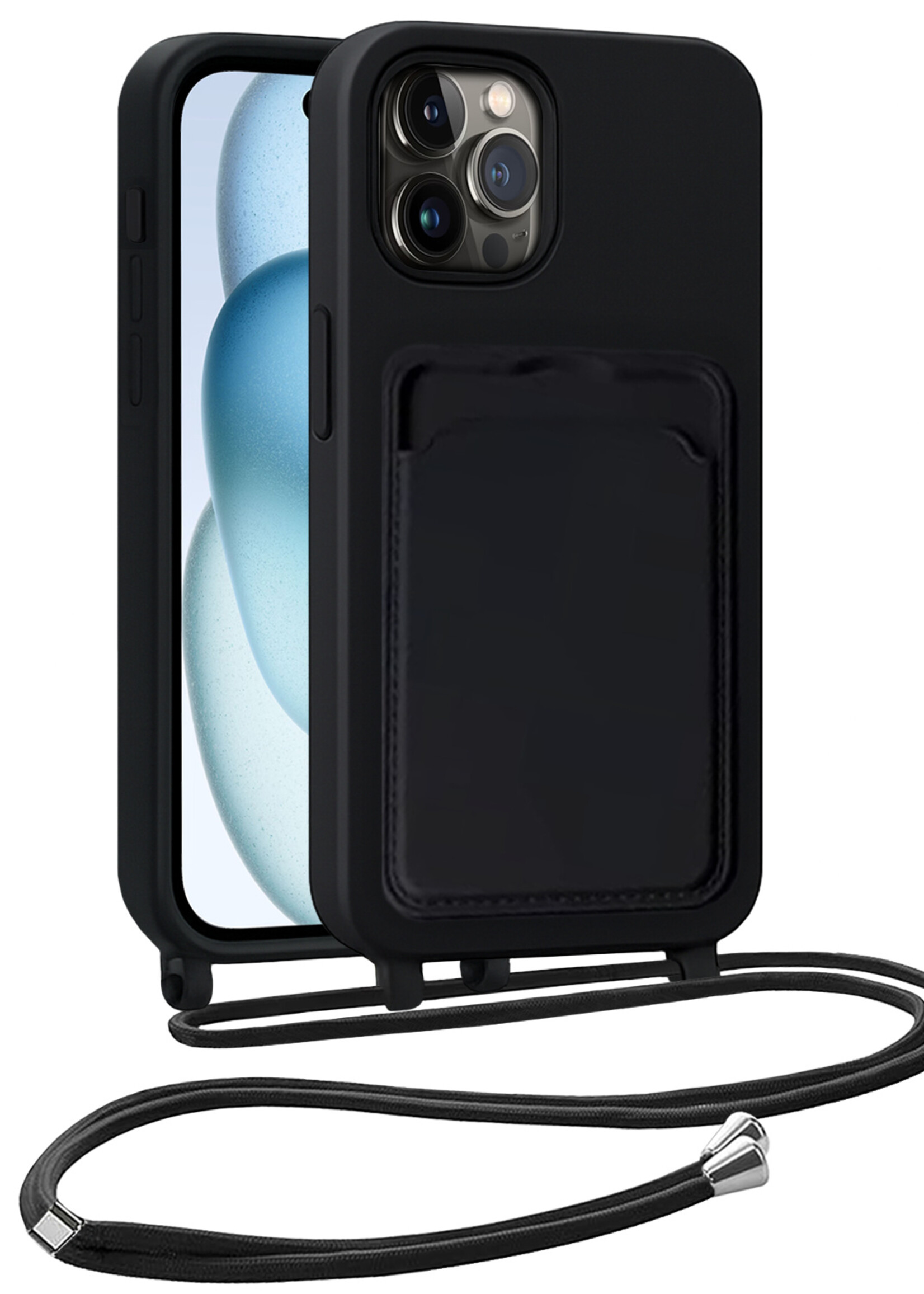 BTH BTH iPhone 15 Pro Hoesje Pashouder met Koord - Zwart