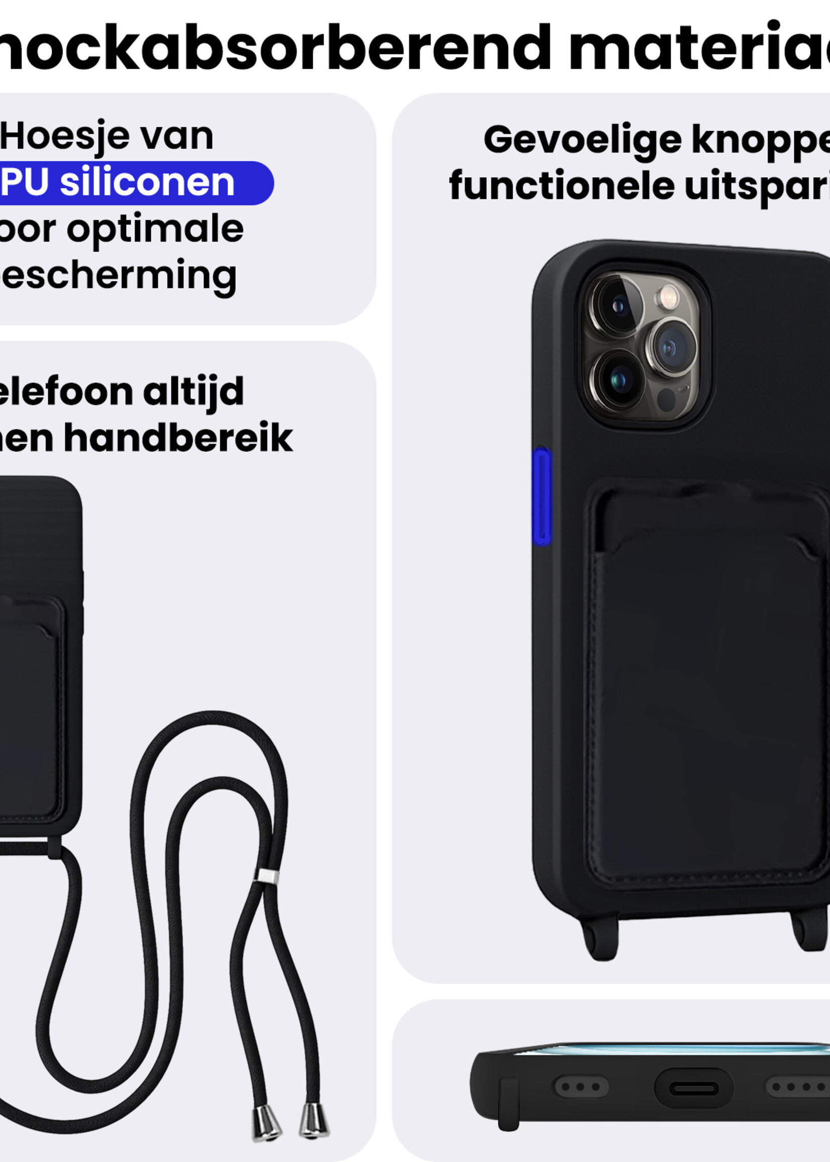 BTH BTH iPhone 15 Pro Hoesje Pashouder met Koord Met Screenprotector - Zwart