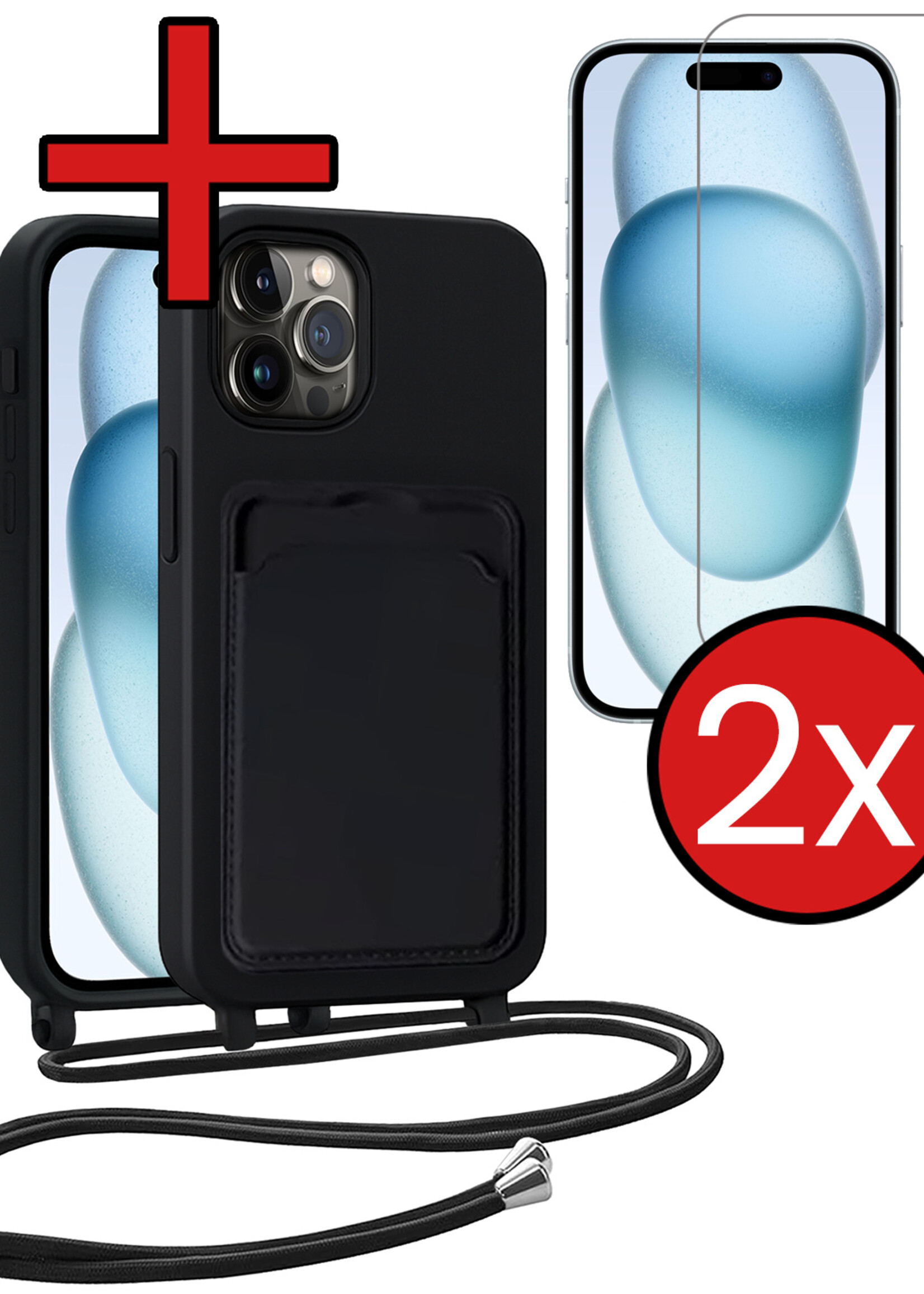 BTH BTH iPhone 15 Pro Hoesje Pashouder met Koord Met 2x Screenprotector - Zwart