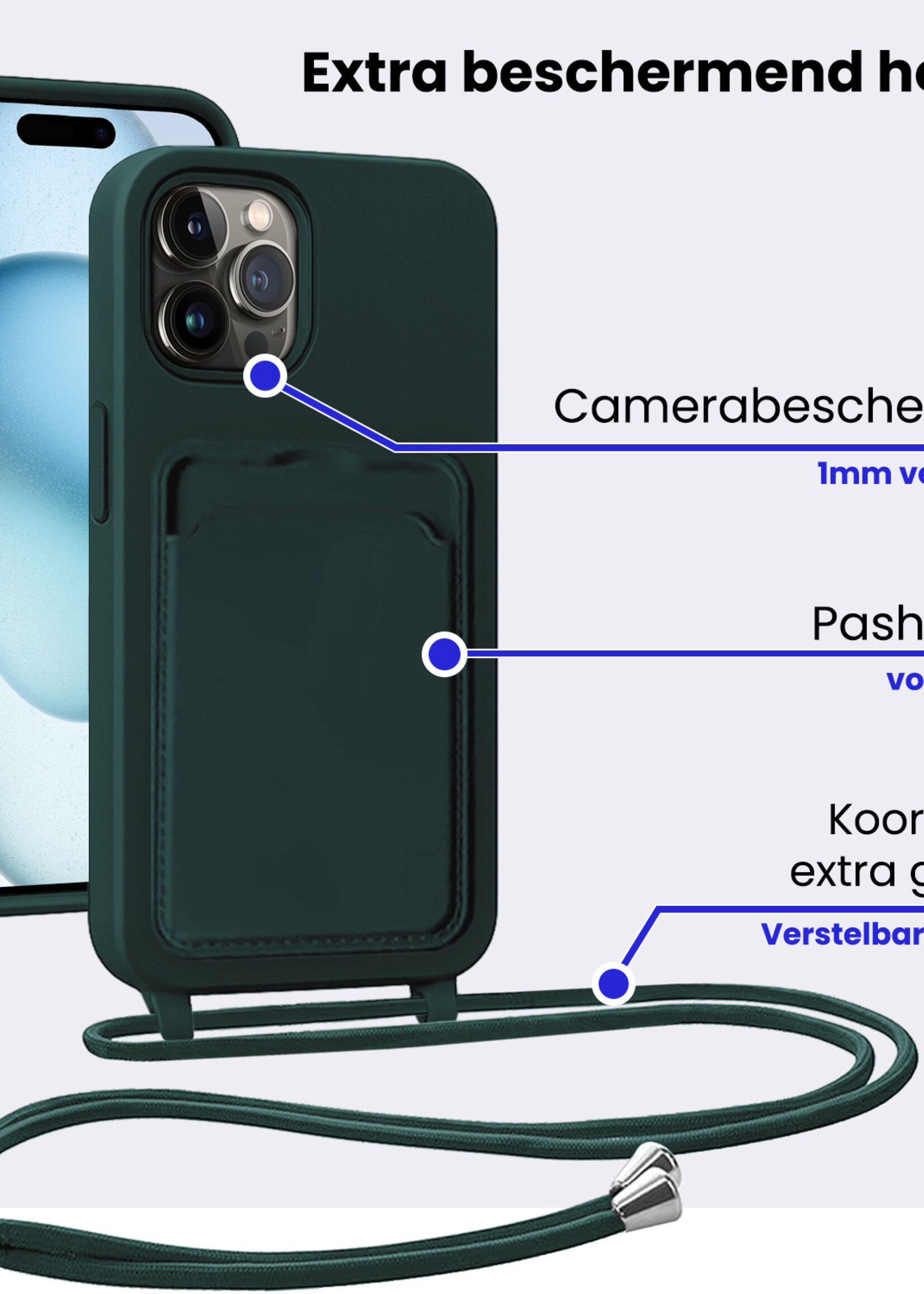 BTH BTH iPhone 15 Pro Max Hoesje Pashouder met Koord Met 2x Screenprotector - Donkergroen